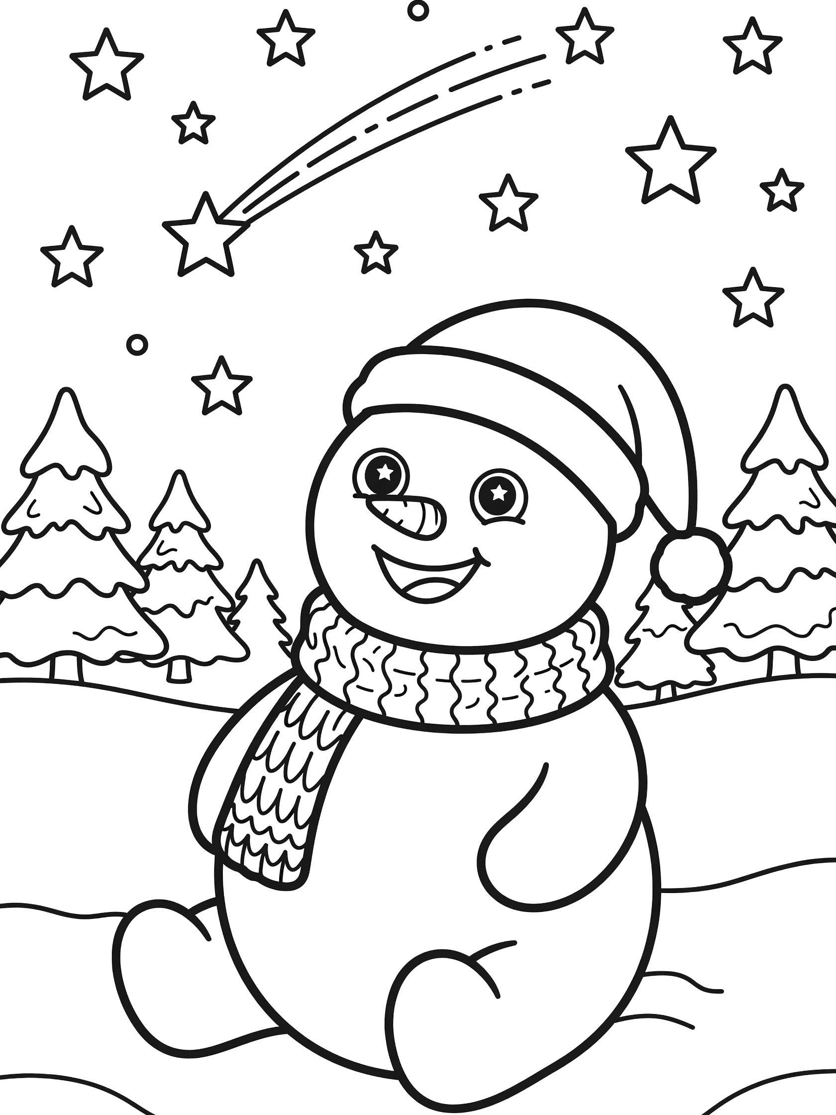 Black-and-white line art of a snowman with Santa hat and scarf sitting in snow, gazing at starry sky with shooting star and pine trees.