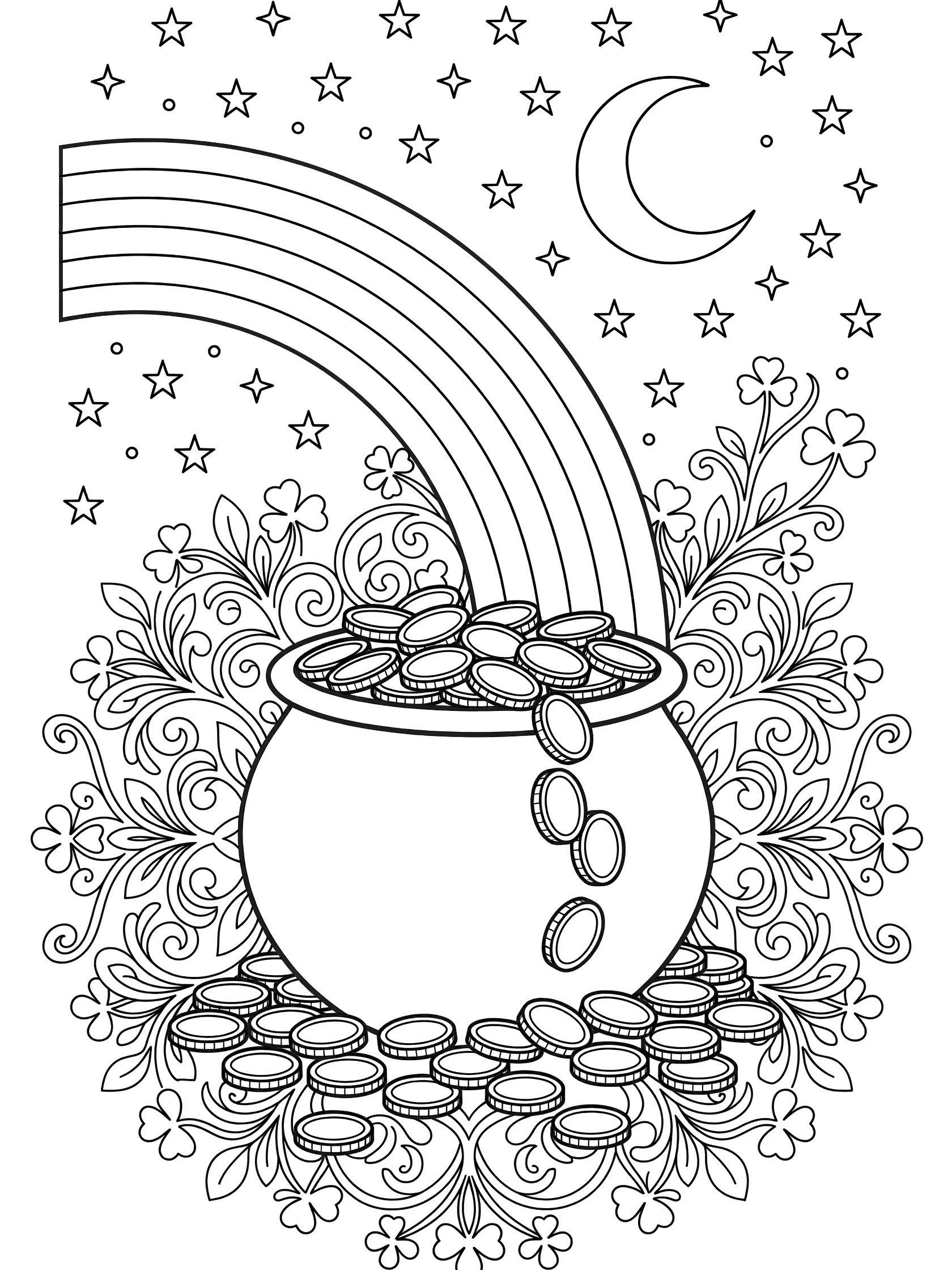 Black and white line art coloring page of a pot of gold at the end of a rainbow under a starlit sky with moon, stars, shamrocks, and swirling patterns.
