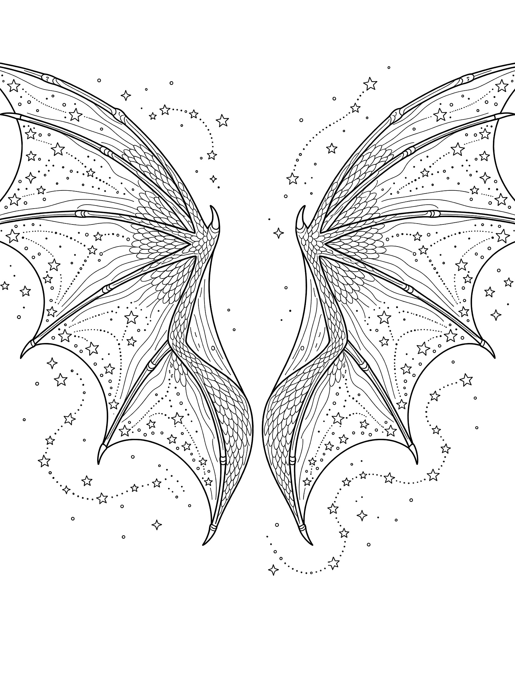 Black and white line art of two symmetrical dragon wings spread wide, detailed with thick veins, scale outlines, and constellation star dots on pure white background.