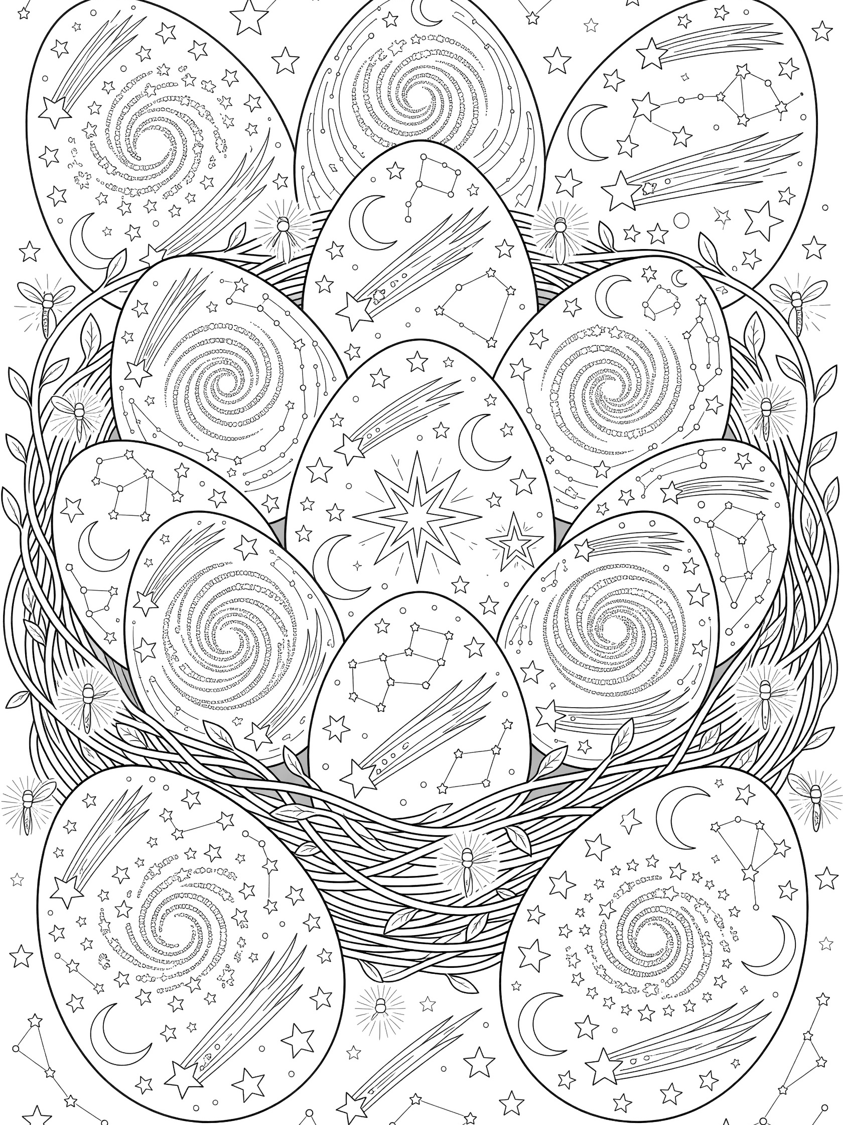 Intricate black and white line art of symmetrical decorative Easter eggs patterned with swirling galaxies, stars, moons, and comets in a starry nest.