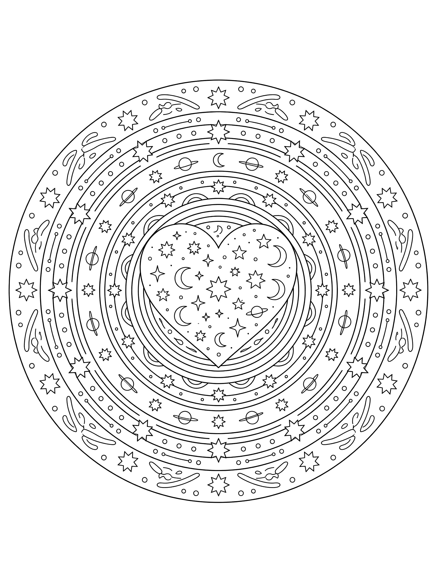 Black and white coloring page of a symmetrical heart mandala with starry patterns, moons, and orbiting circles radiating in layered rings.