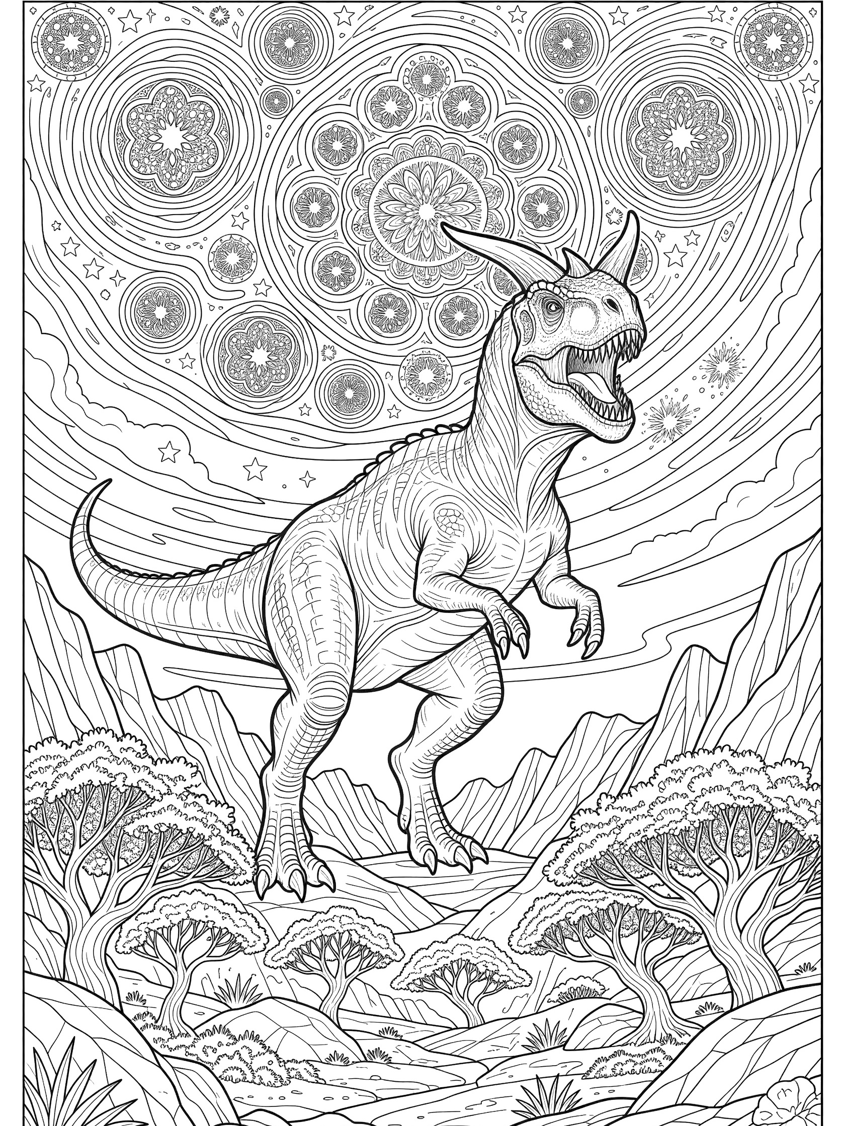 Line art coloring page showing a majestic Carnotaurus rearing up on hind legs, roaring with open mouth, horns, and scales, surrounded by starry night sky patterns, valley rocks, and twisted trees.