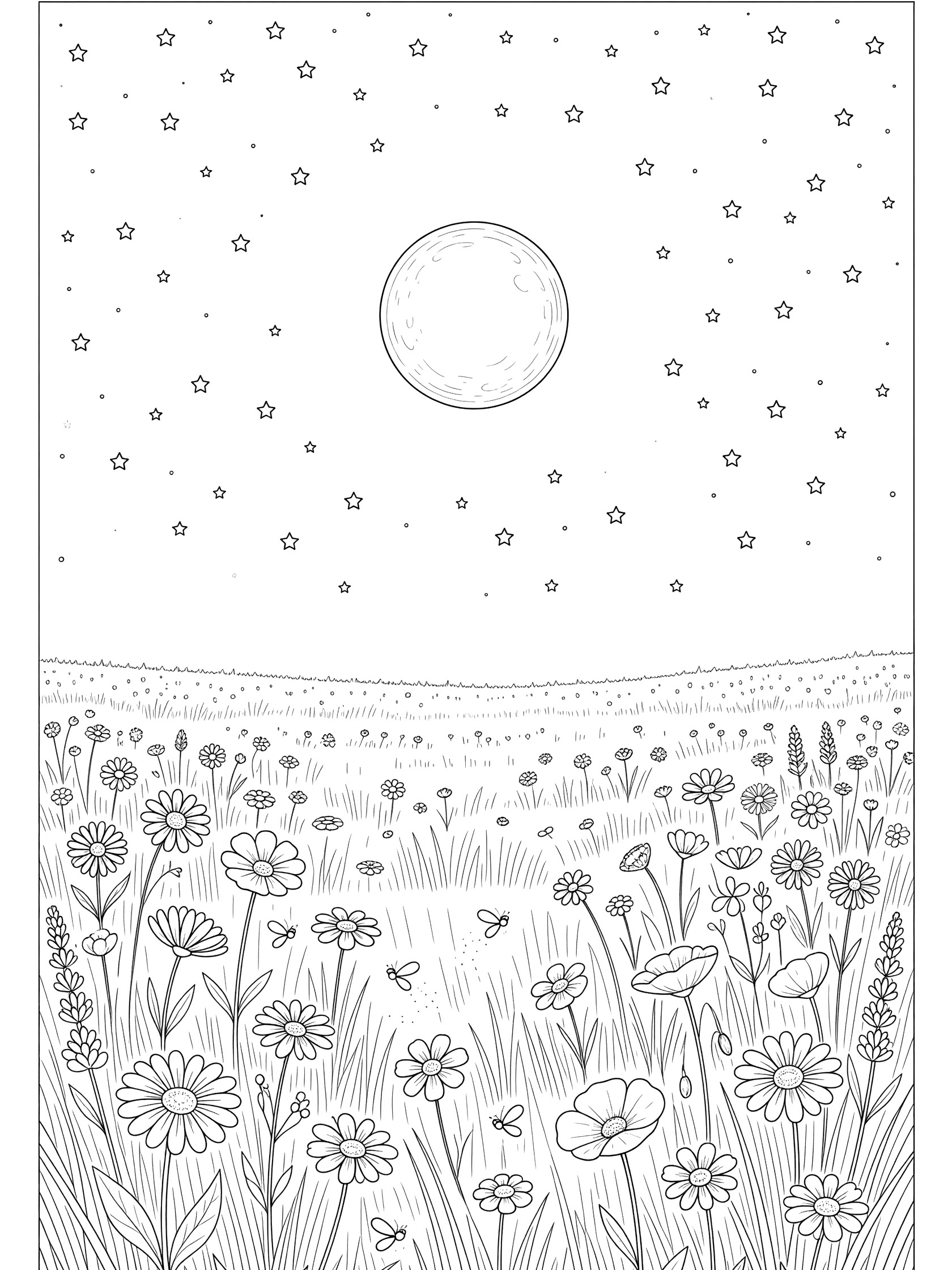 Black and white line art coloring page of a flower meadow with daisies, poppies, tall grass, stars, and a large full moon in the night sky. Lunar Eclipse themed black and white printable line art
