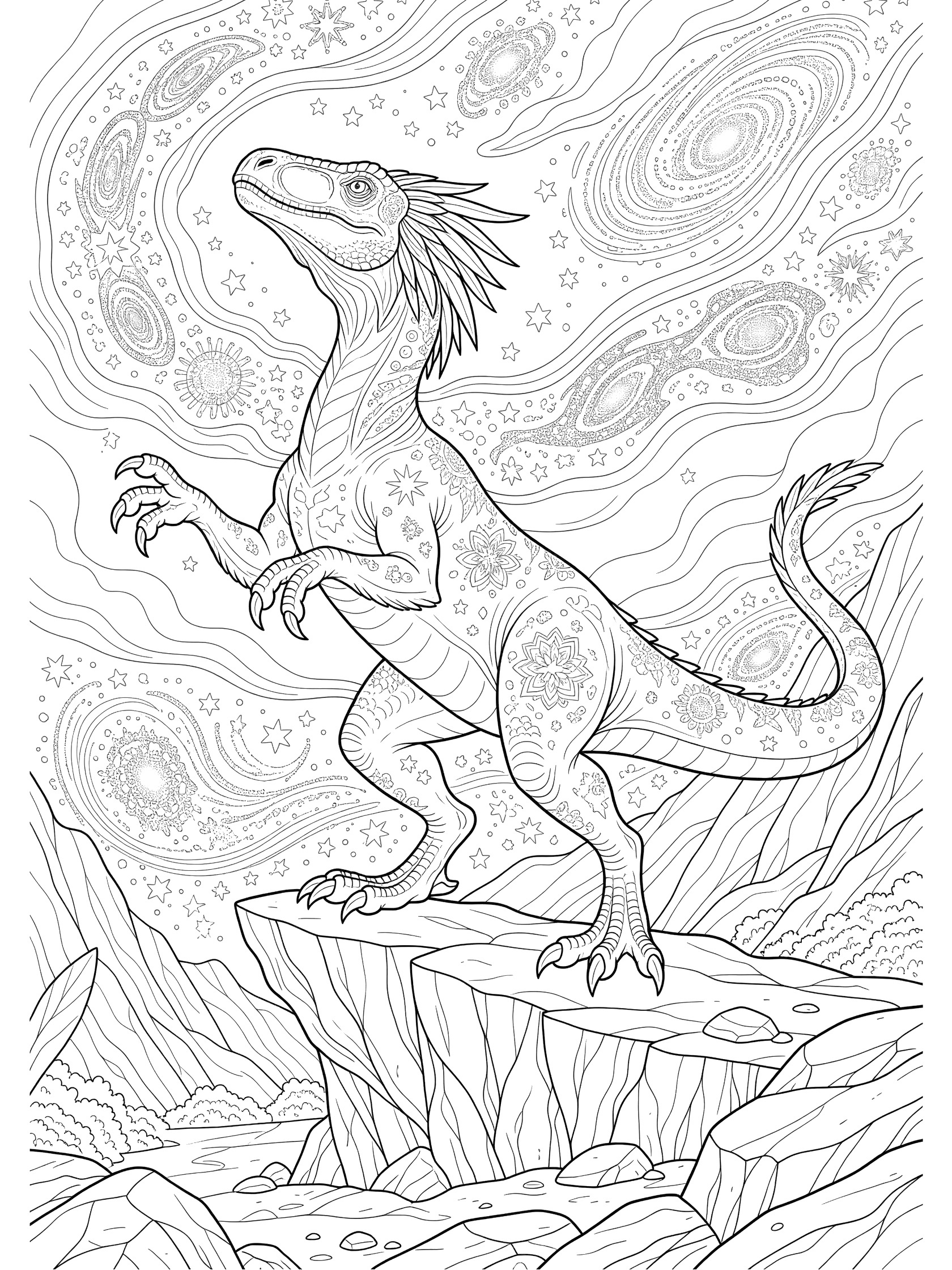 Line art coloring page of Indoraptor, a sleek fictional raptor dinosaur with quilled head and sickle claws, posing dynamically on jagged rocks amid starry nebula swirls and symmetrical star motifs.