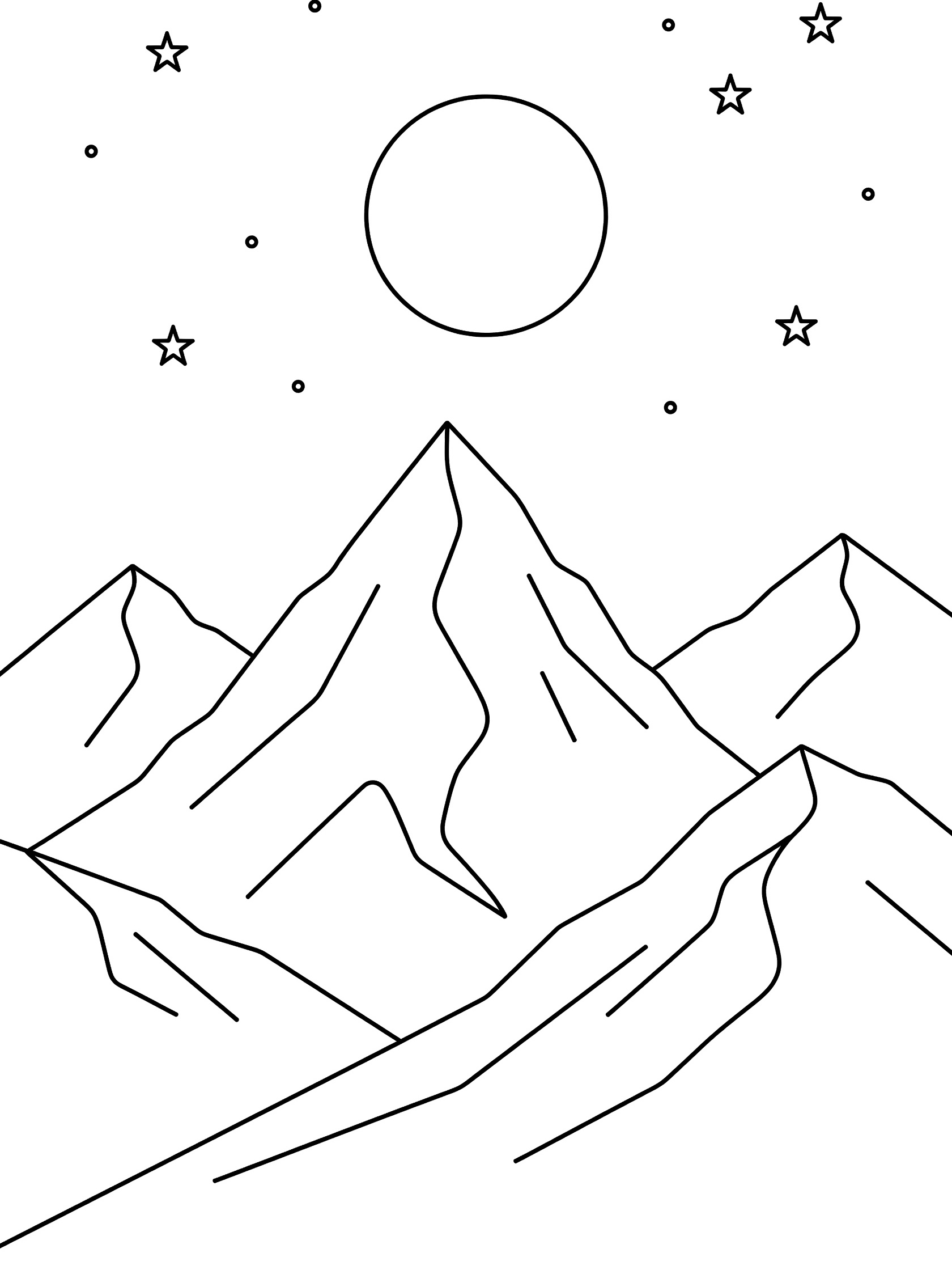 Black and white line art coloring page showing jagged mountain peaks silhouetted against a night sky with scattered stars and a large round moon. Lunar Eclipse themed black and white printable line art