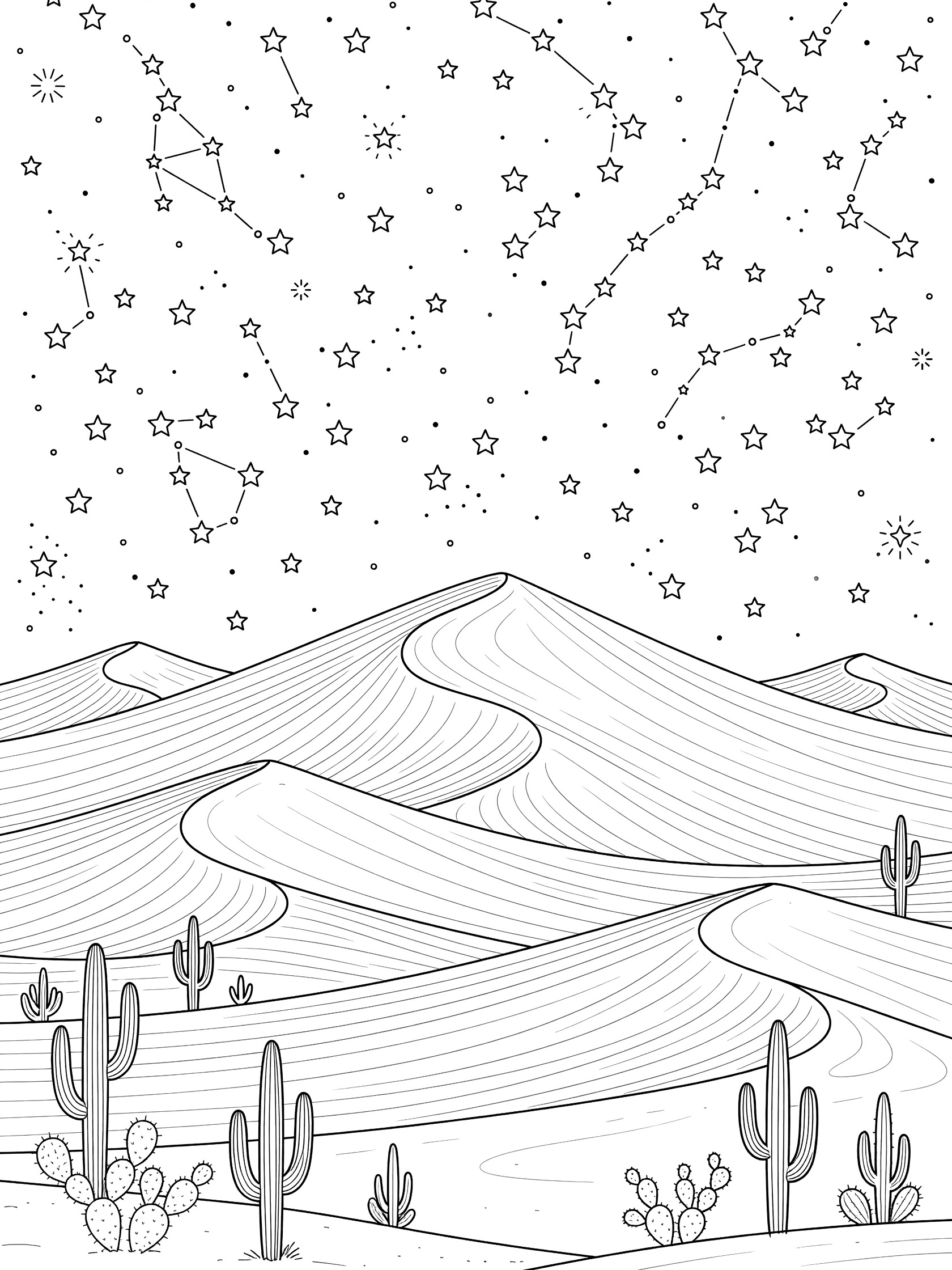 Line art coloring page of starry night sky above massive crescent-shaped dunes and cactus silhouettes in the Arabian Desert