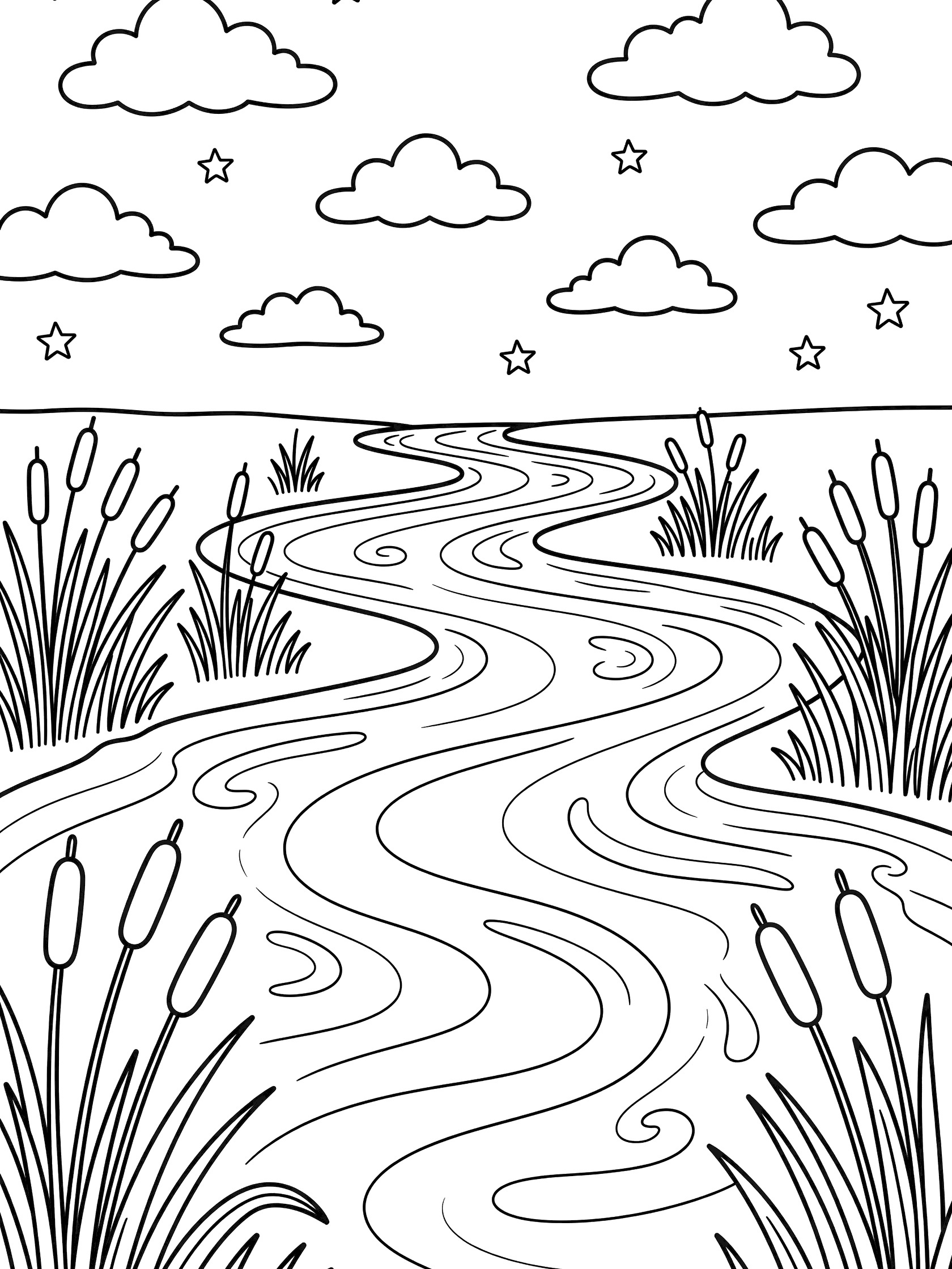Black and white line art coloring page showing a meandering river flowing to the horizon, surrounded by waving reeds, with stars and doodle clouds in the night sky. Euphrates River themed black and white printable line art