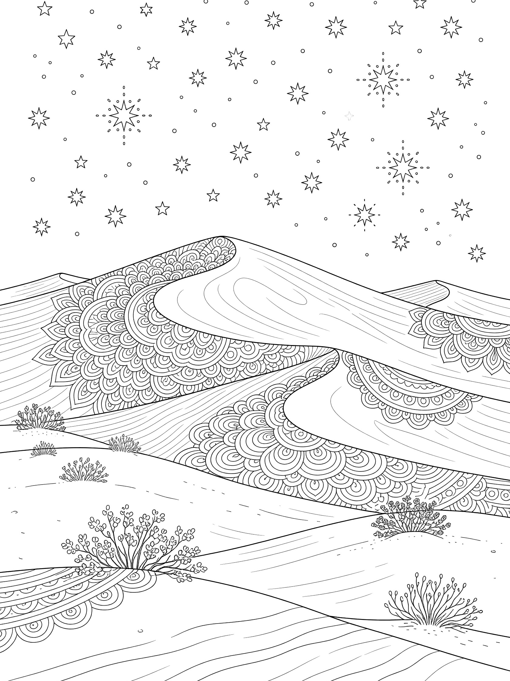 Black and white line art coloring page of wavy sand dunes with mandala-like curves, starry night sky above, and small desert shrubs on the slopes.
