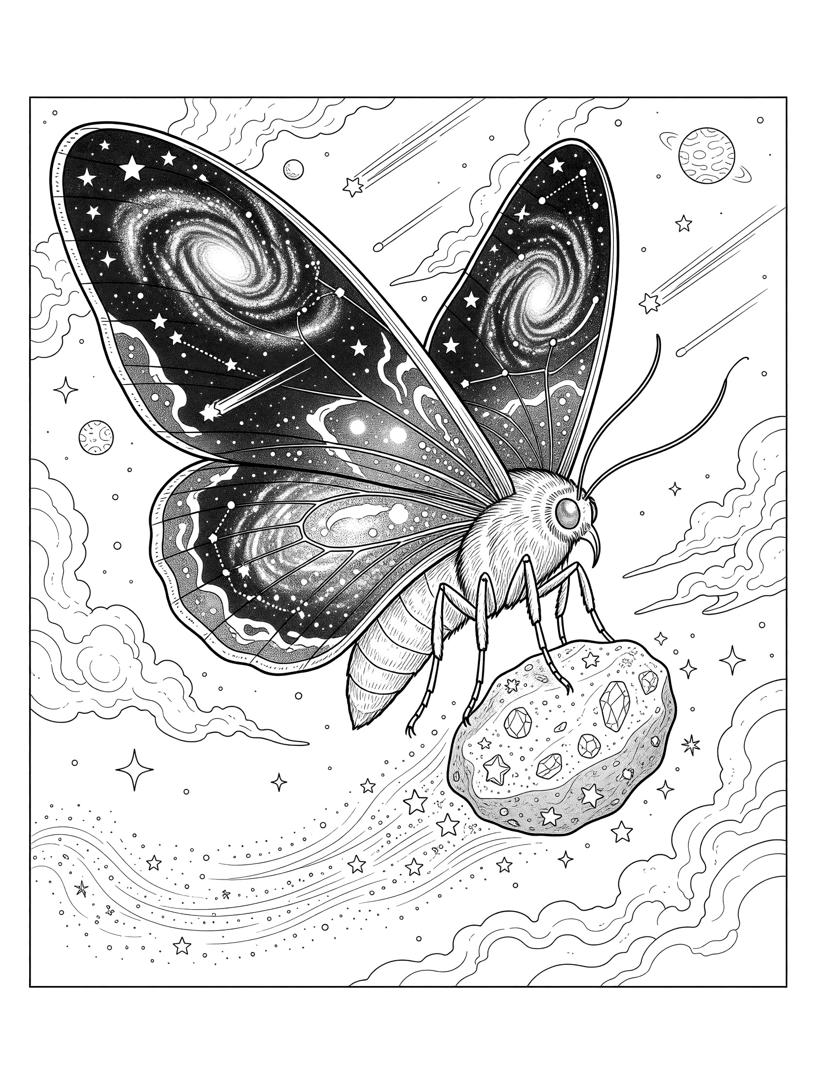 Black-and-white coloring page of a moth with wings patterned like galaxies and stars, holding an asteroid in a starry sky.