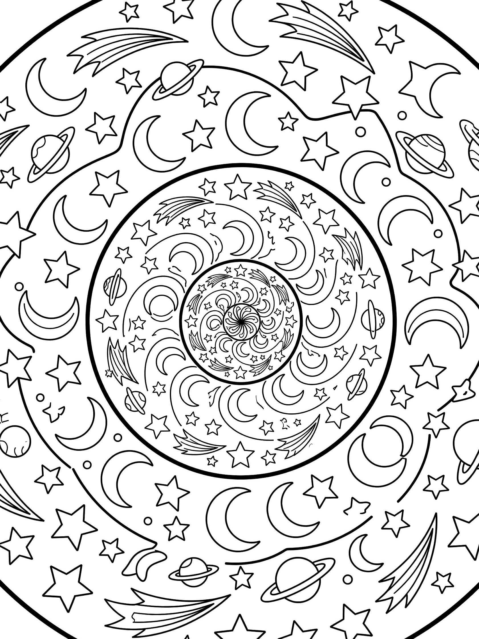 Black and white printable coloring page of a starry spiral mandala with swirling arms, stars, crescent moons, orbiting planets, and comet trails.