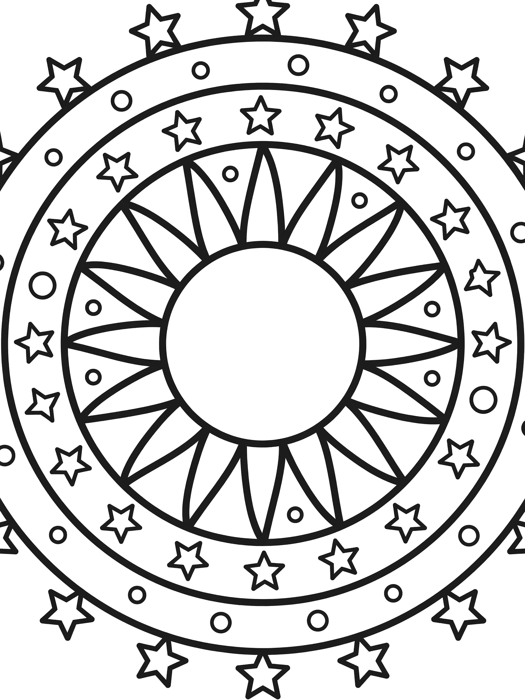 Black and white starry sun mandala coloring page with central sun, petal rays, stars and round patterns