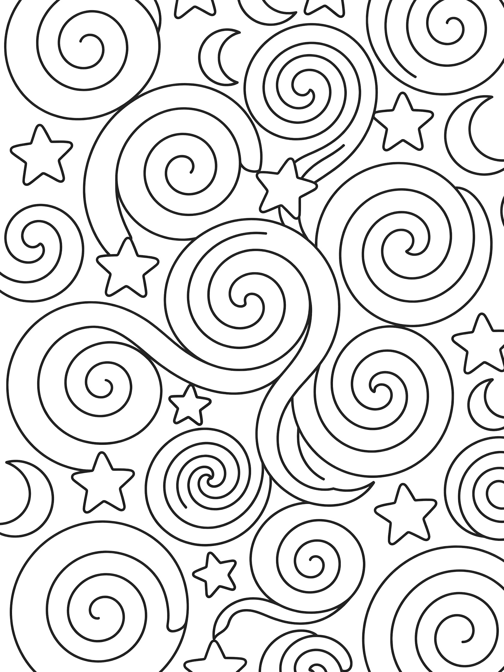 Printable coloring page featuring swirling lines, five-pointed stars, and crescent moons in a repeating pattern. Bardot themed black and white printable line art