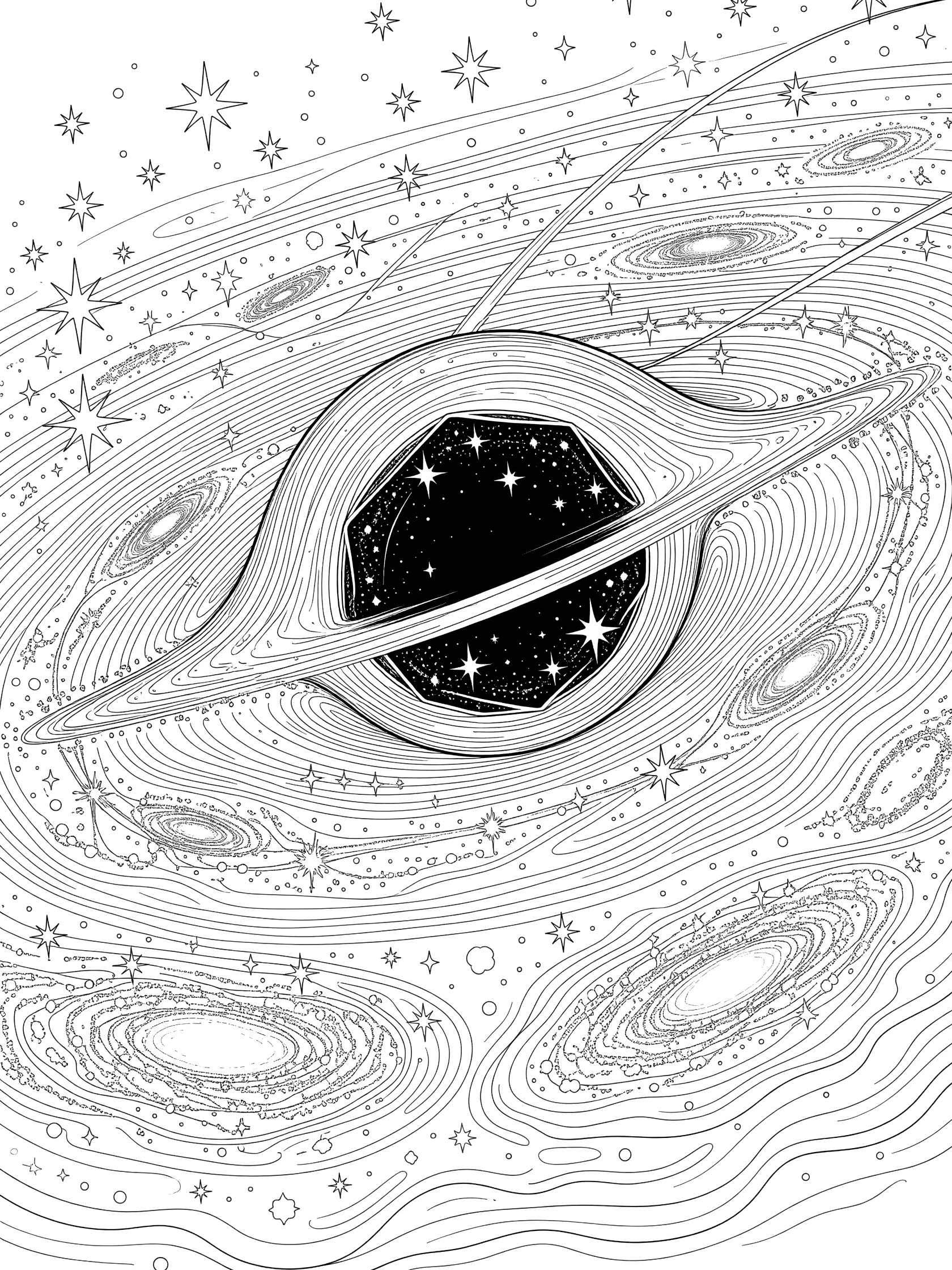 Black and white line art of a geometric black hole with light from stars bending around the event horizon and gravitational waves in a starry galaxy.