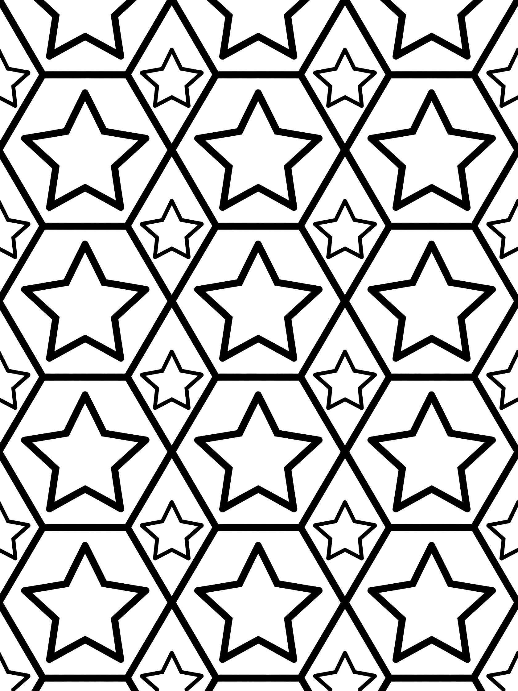Printable coloring page showing a tiled pattern of stars nestled perfectly inside hexagons with clean black outlines on white background