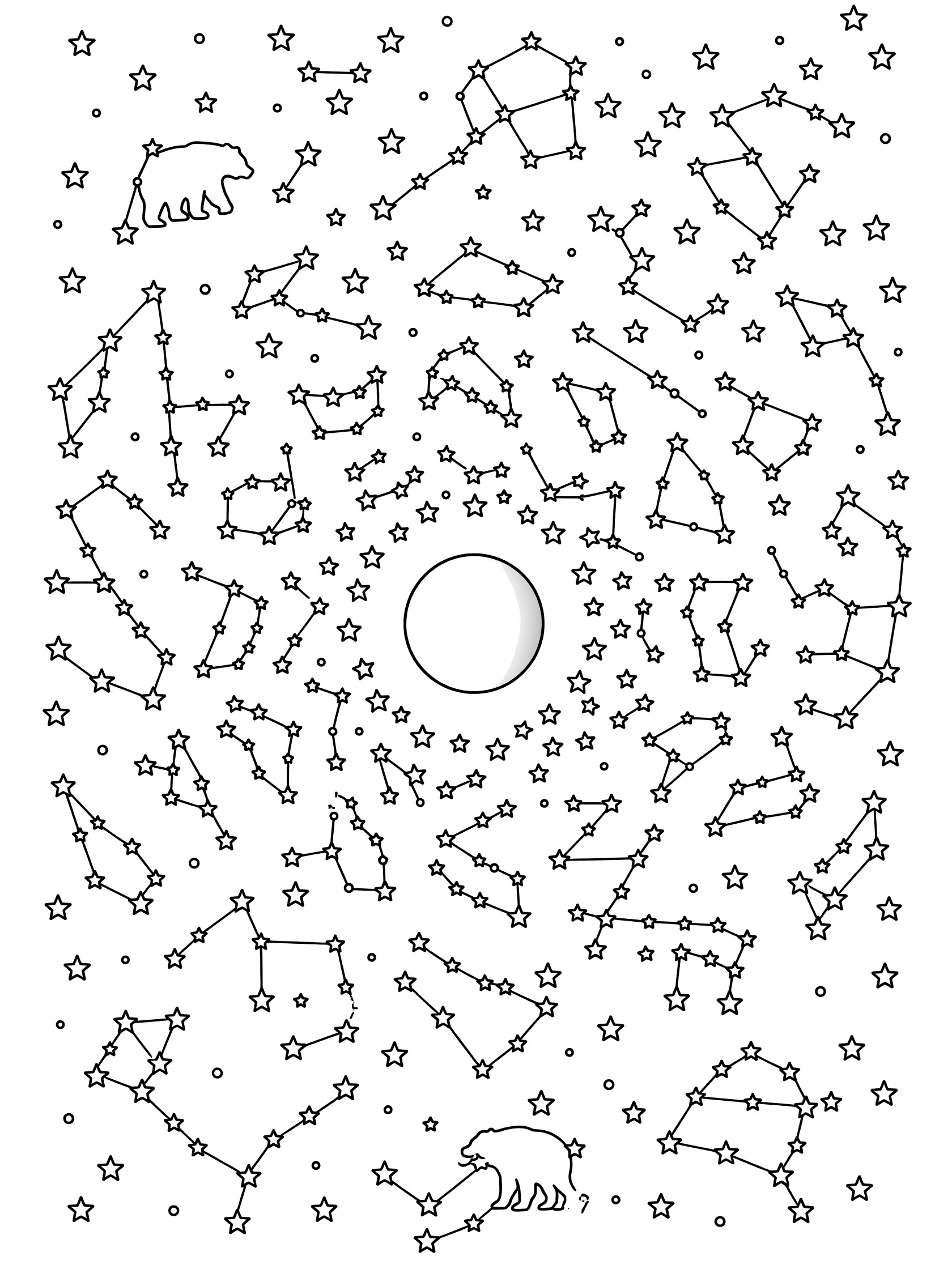 Black and white line art coloring page showing a large central full moon circled by intricate patterns of connected stars and simple bear shapes in constellation style. Lunar Eclipse themed black and white printable line art