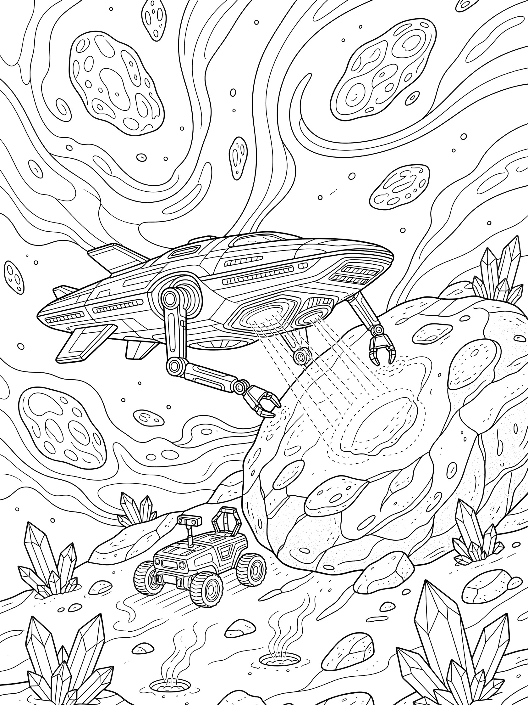 Line art coloring page showing a futuristic starship hovering over a bumpy asteroid, extending arms with glowing scanners, small rover rolling out, crystals and vents on surface, starry space background