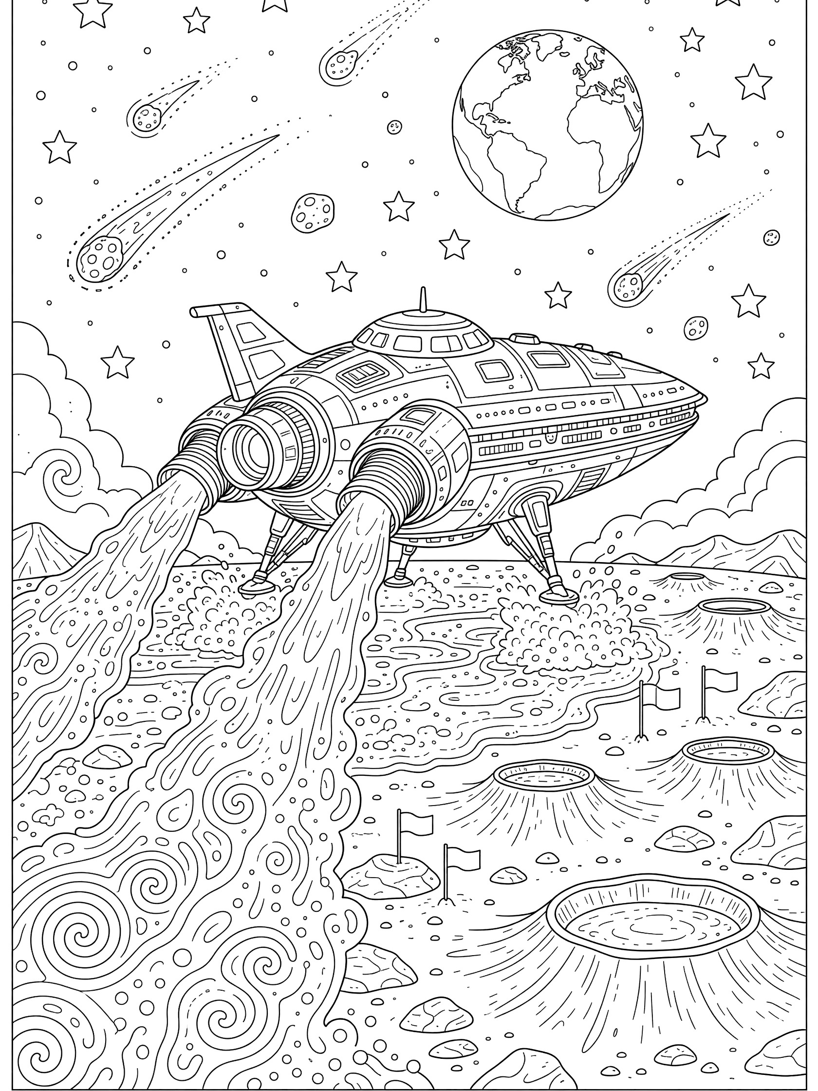 Black-and-white coloring page of a futuristic starship spacecraft touching down on the rocky moon surface with landing legs, retro thrusters kicking up lunar dust swirls, boulders, craters, starry sky with Earth, comets, and asteroids.