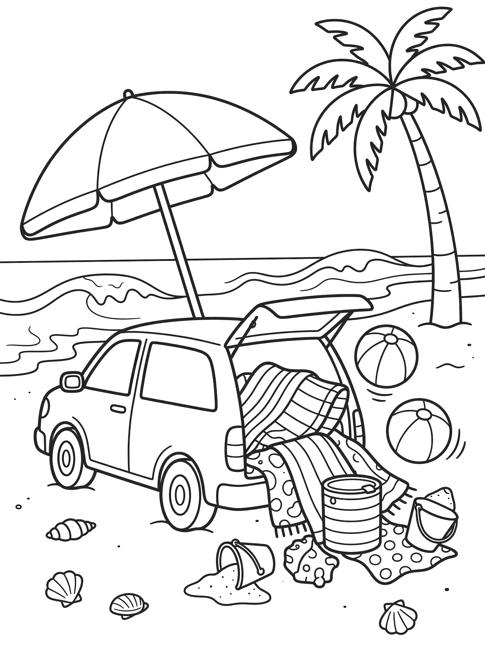 Line art coloring page showing a station wagon parked on sandy beach, rear hatch open with beach towels, striped cooler, beach ball and sand buckets spilling out, beach umbrella, palm tree, waves and seashells