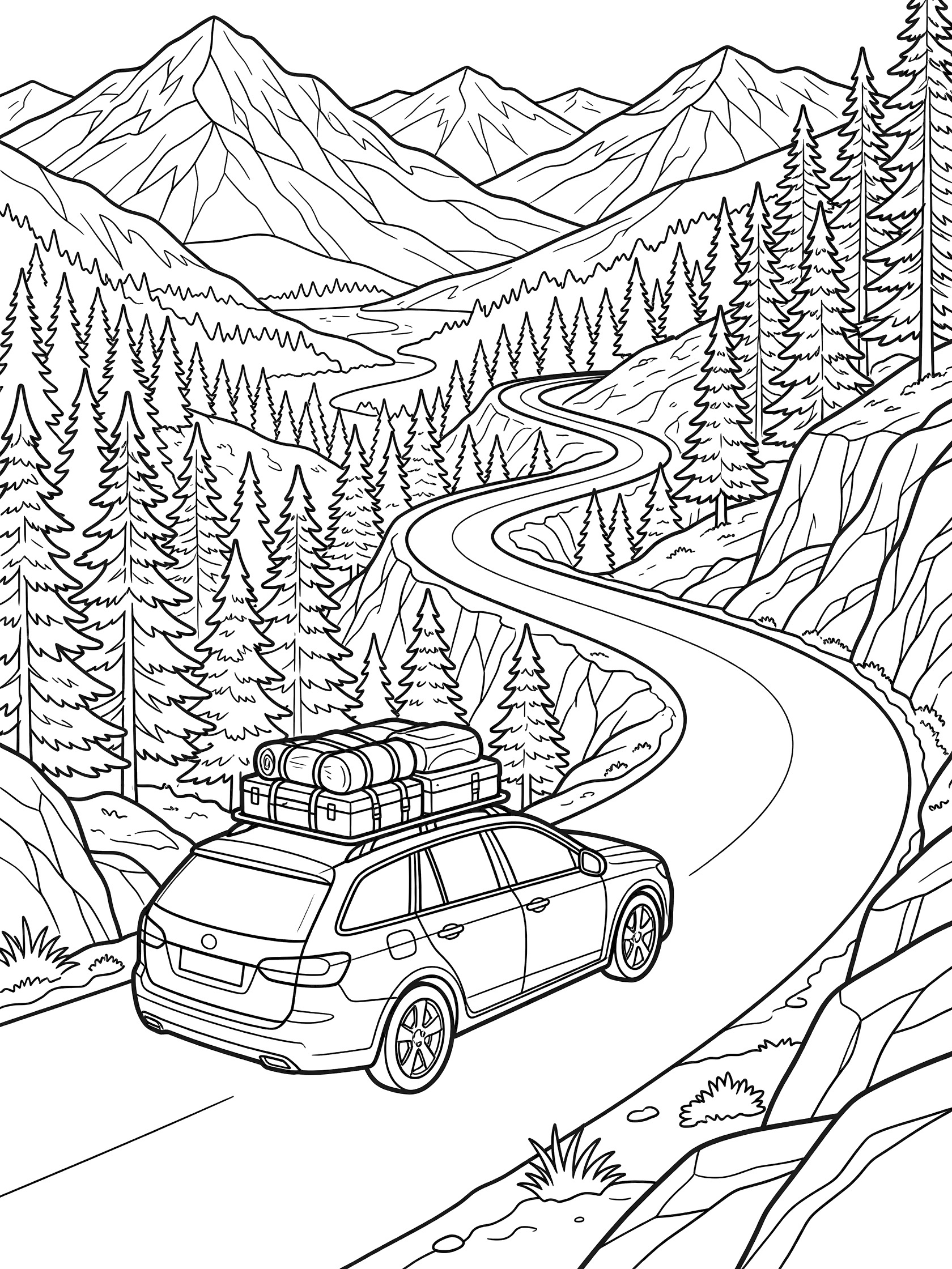 Black and white line art of a station wagon with roof rack driving on a curvy mountain road surrounded by pine trees, cliffs, and layered mountains