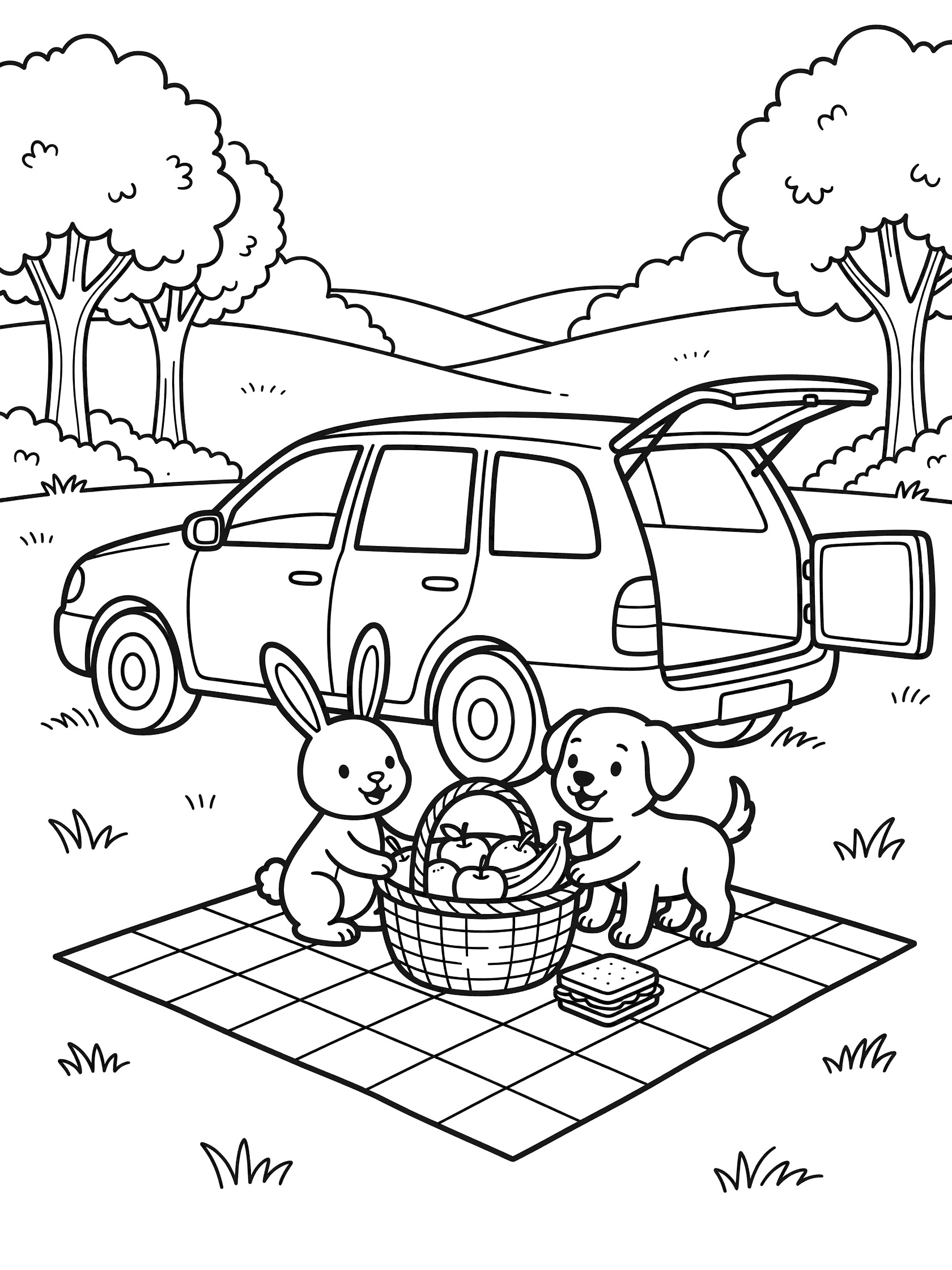 Station wagon coloring page with open rear door, bunny and puppy unpacking picnic basket on checkered blanket in grassy park with hills and trees.