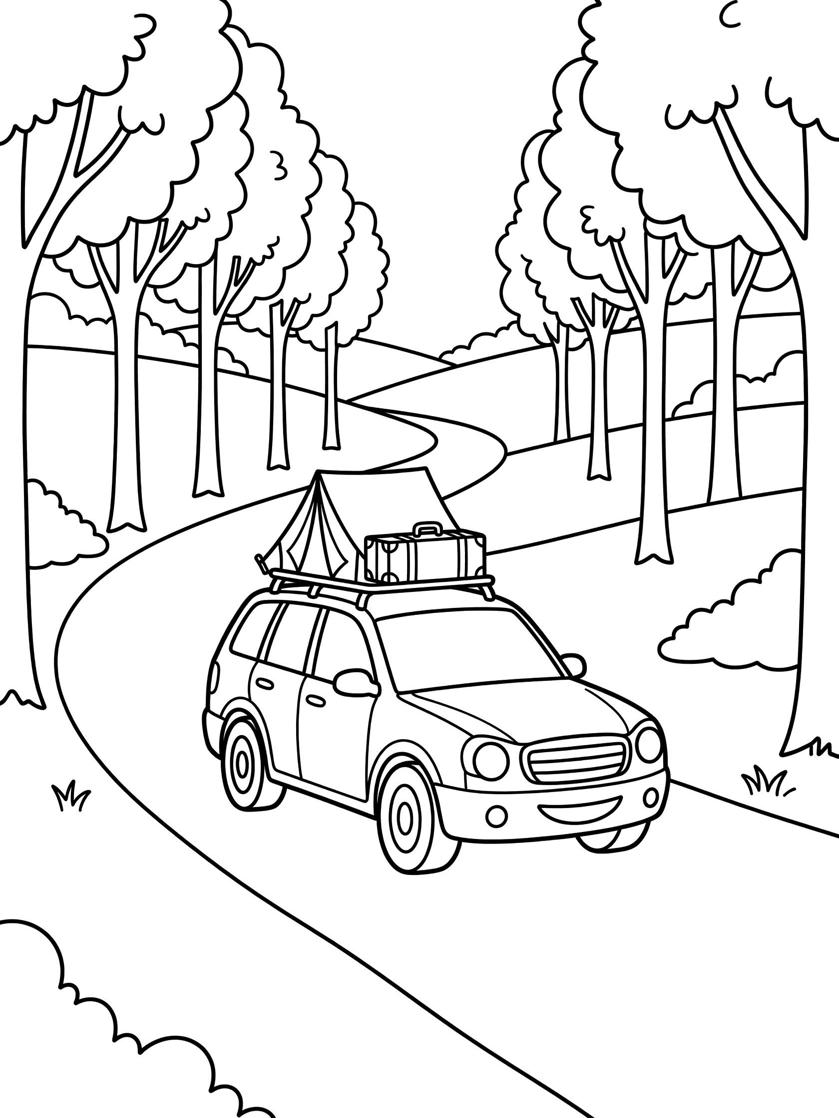 Black and white line art of a station wagon driving on a winding country road lined with tall trees and rolling hills, roof rack with suitcase and tent. Station Wagons themed black and white printable line art