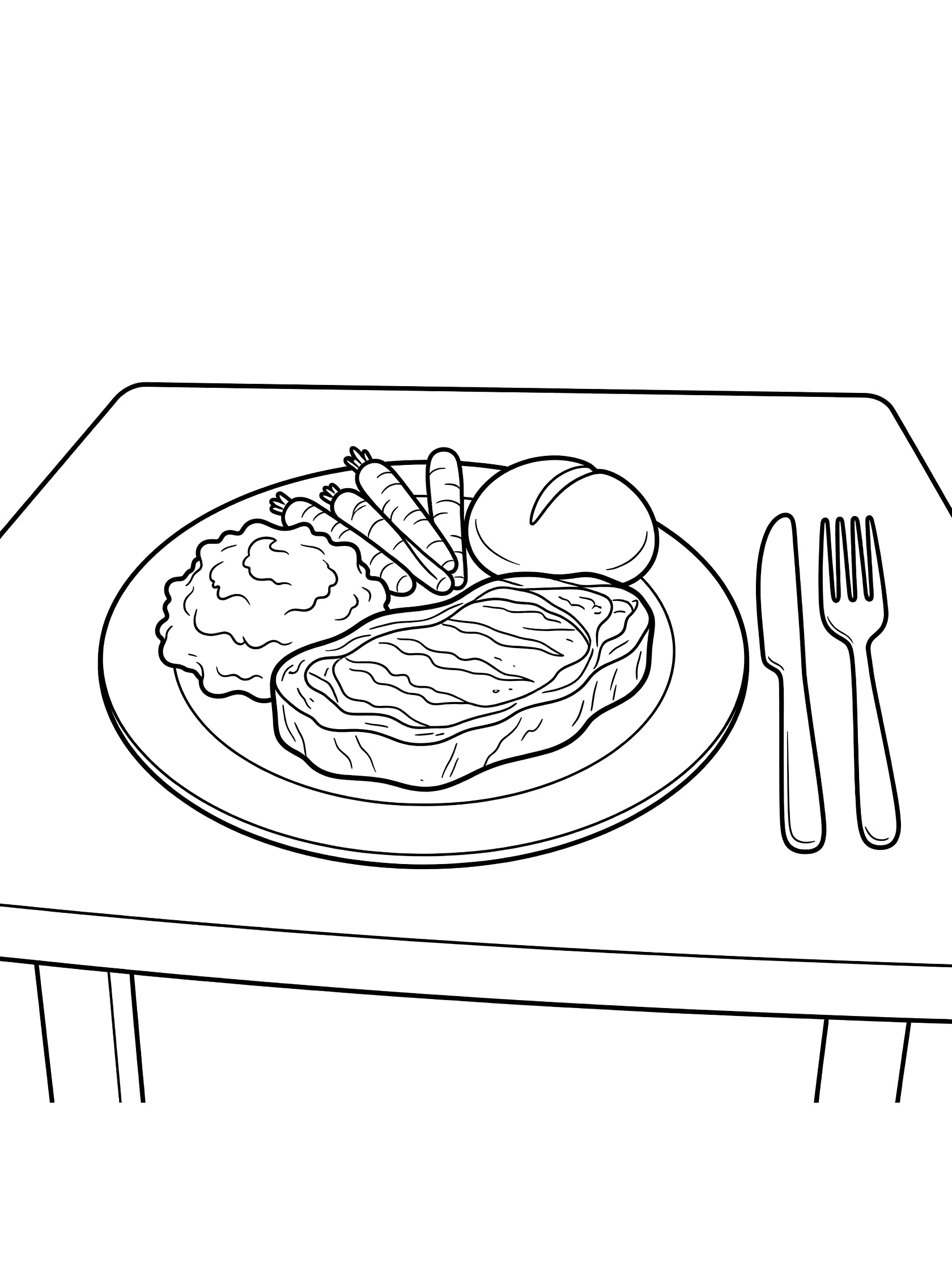 Black and white line art of a steak dinner on a plate with mashed potatoes, carrots, roll, knife and fork at a table setting
