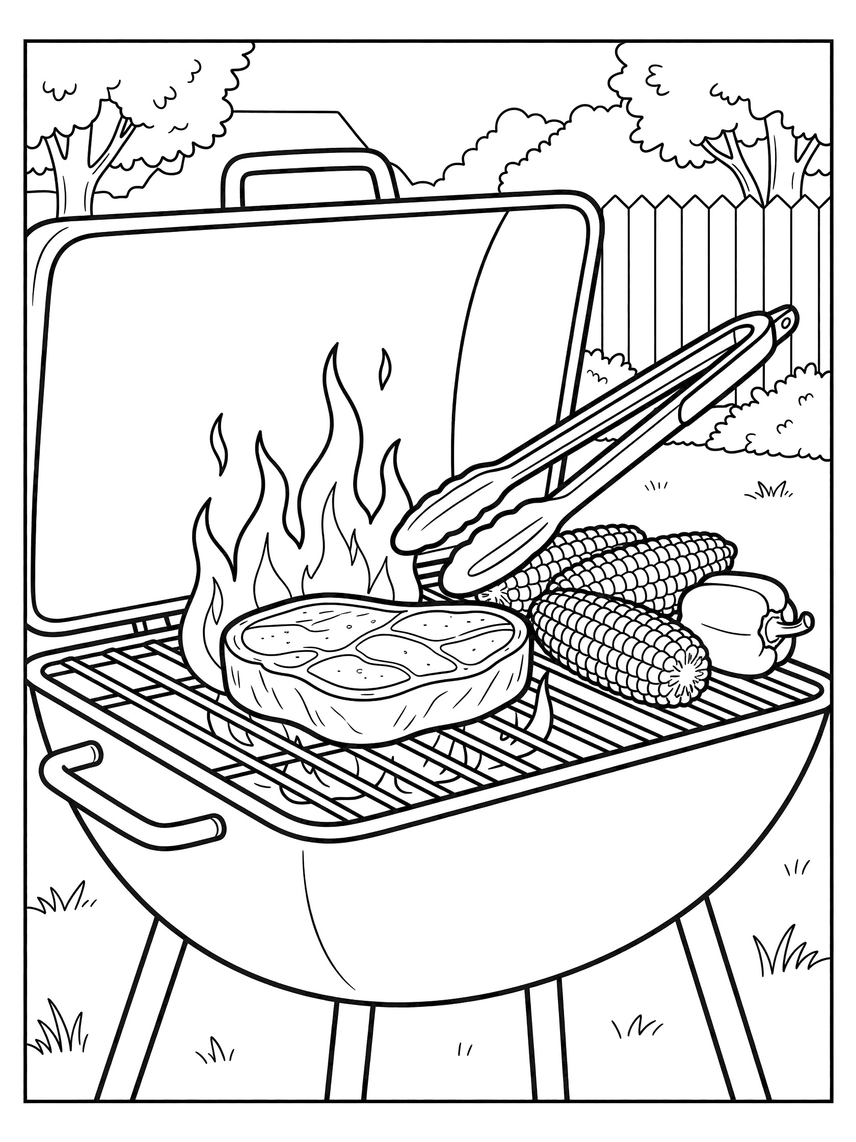 Black and white coloring page of a steak grilling in a backyard barbecue with open grill, flames, tongs, corn, and peppers.