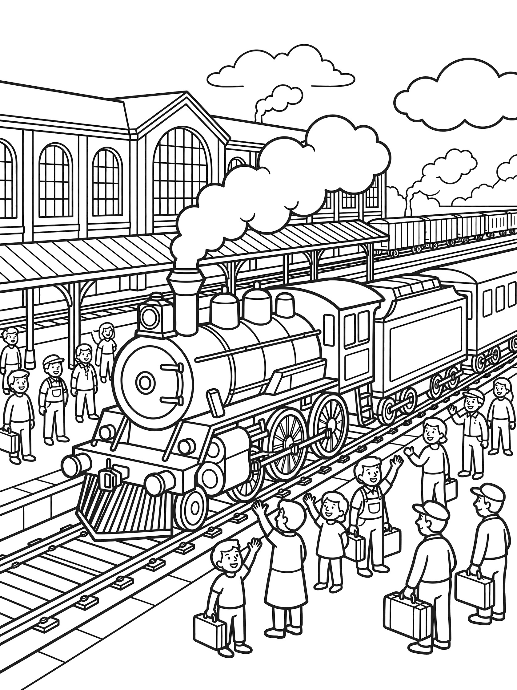 Black and white line art of a steam train pulling into a bustling railway station with crowds of people on the platform and grand station building in the background