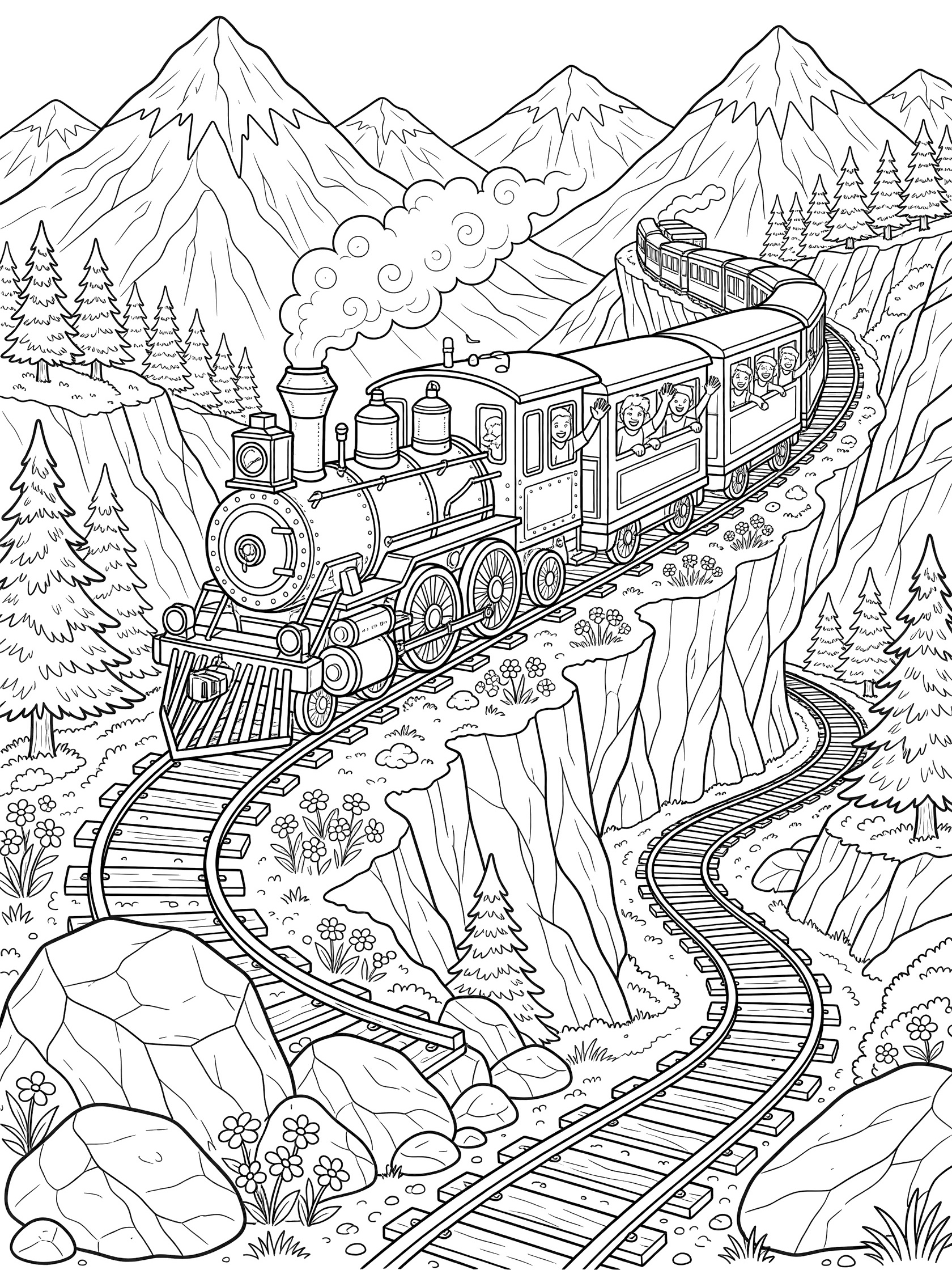 Black-and-white coloring page of a steam train climbing steep, winding mountain tracks surrounded by pine trees, boulders, wildflowers, and jagged cliffs with snow peaks in the background. Steam Trains themed black and white printable line art