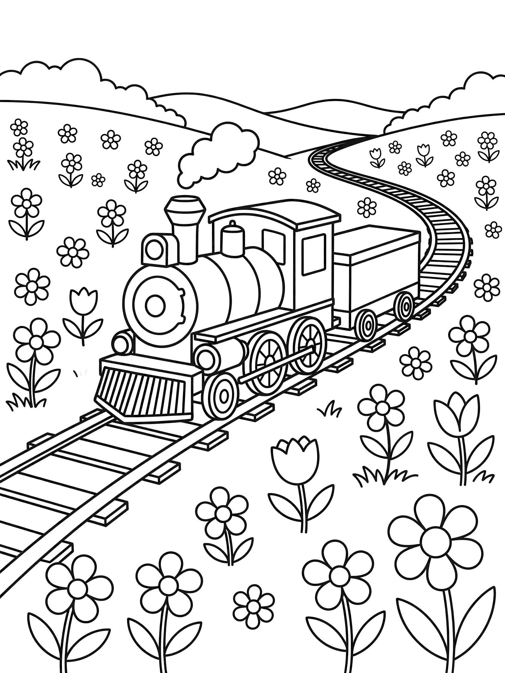 Black and white line art coloring page showing a classic steam train with smoke puffing from funnel, large wheels, and curved tracks winding through a meadow full of flowers and rolling hills. Classic Trains themed black and white printable line art