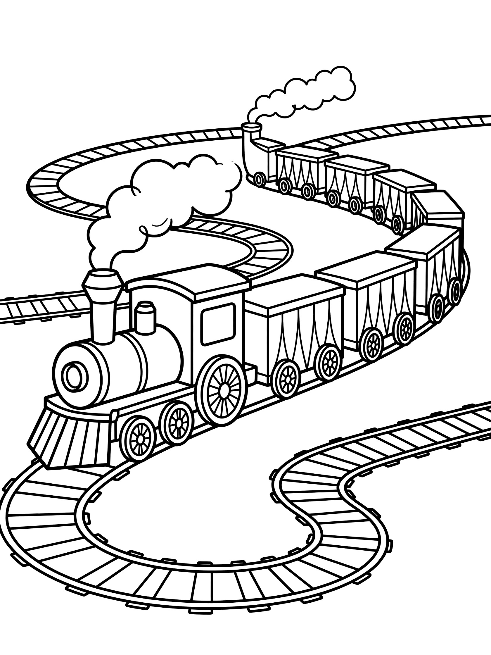 Black and white line art coloring page showing a steam train with engine, striped cars, smoke from stack, large wheels, on winding tracks. Circus Trains themed black and white printable line art