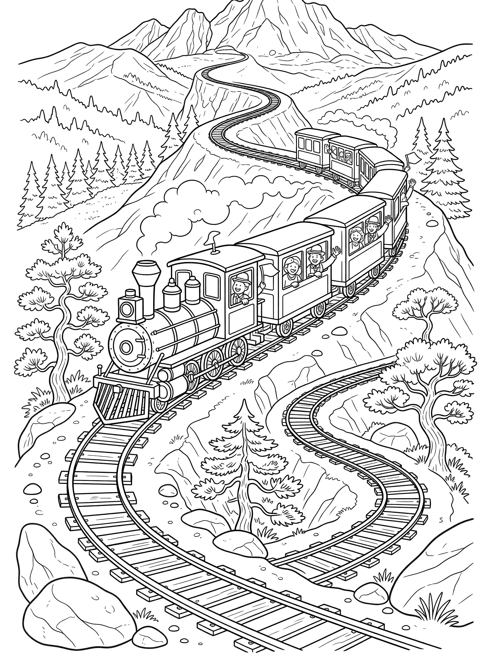 Black and white line art coloring page showing a steam locomotive train climbing steep curvy tracks through mountains with pine trees and boulders. Pikes Peak themed black and white printable line art