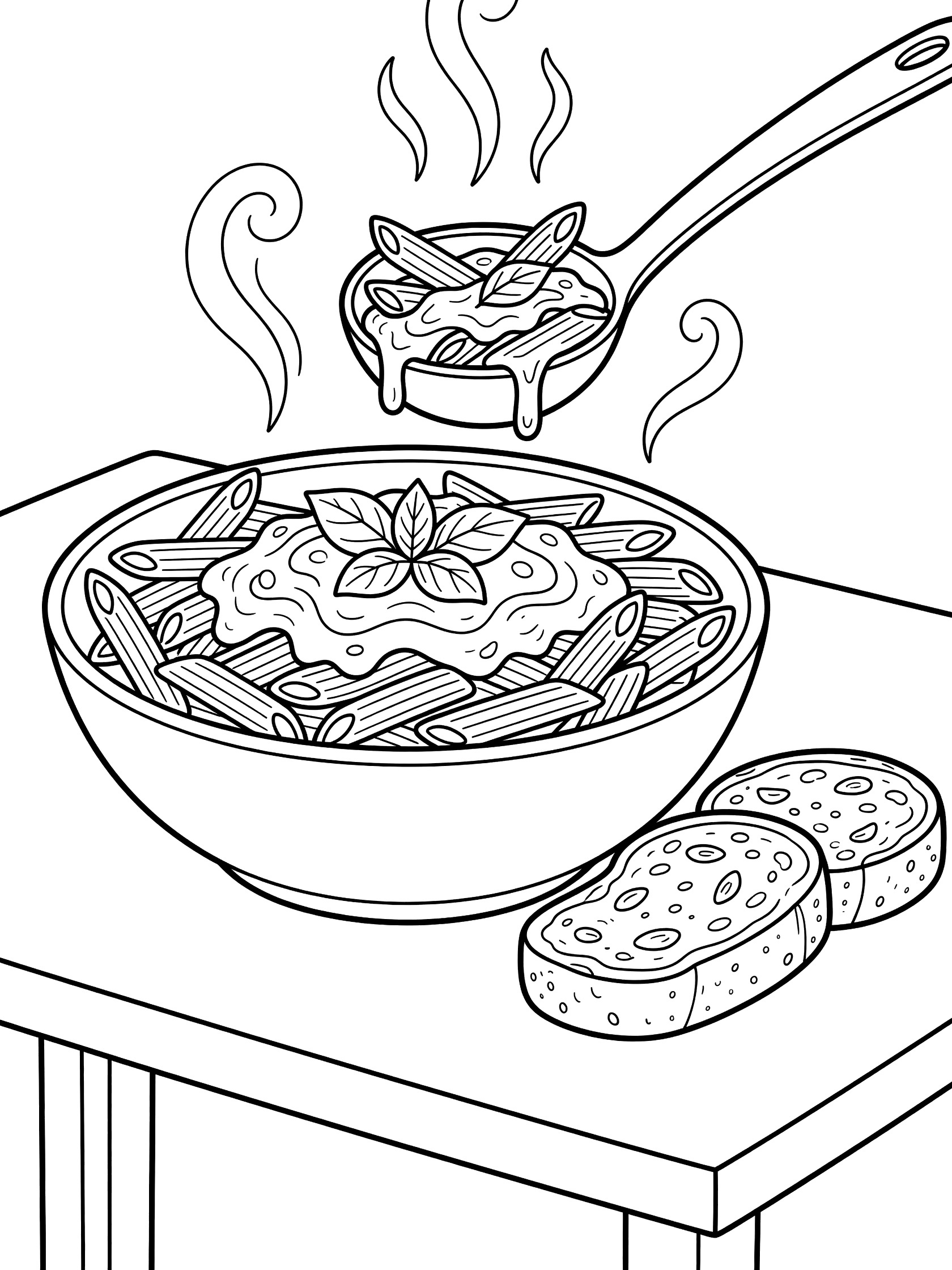Black and white line art coloring page of a wide bowl filled with penne pasta and sauce, steam rising, ladle serving more pasta, basil leaves, and garlic bread on a table.
