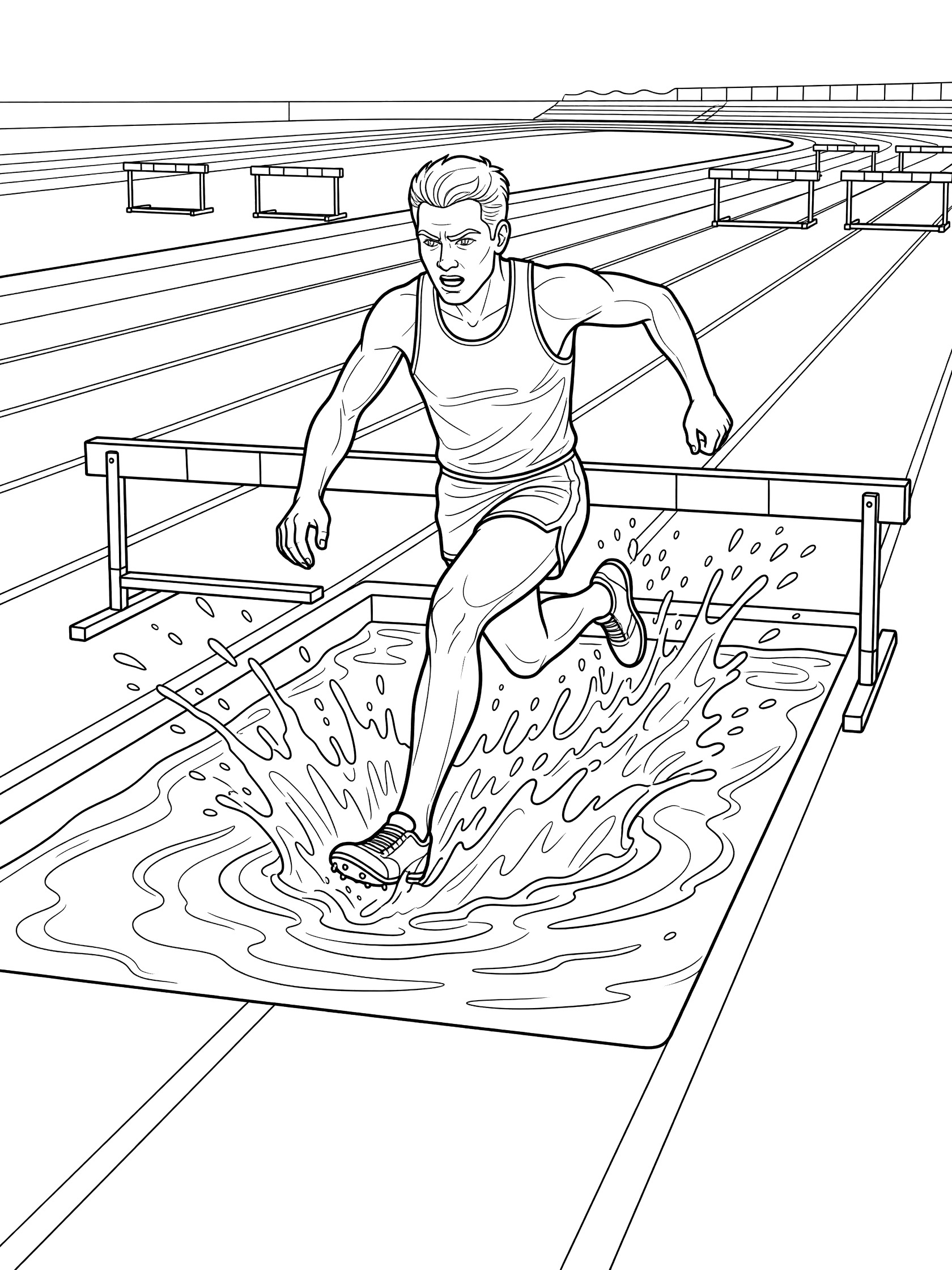 Black-and-white coloring page of a steeplechase athlete in mid-stride splashing through a water jump pit on a stadium track with hurdles nearby.