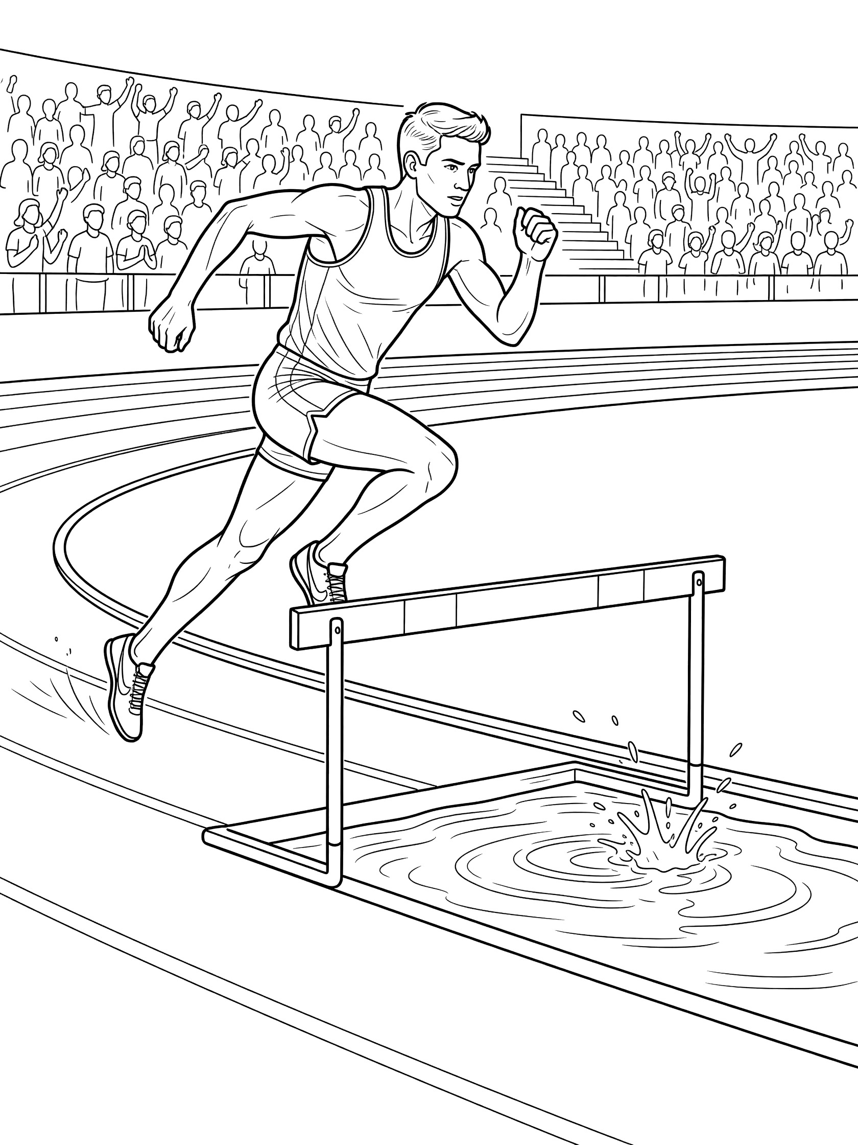 Black-and-white coloring page of a steeplechase racer powerfully approaching a water-filled hurdle on a curved track with stadium stands and cheering fans.