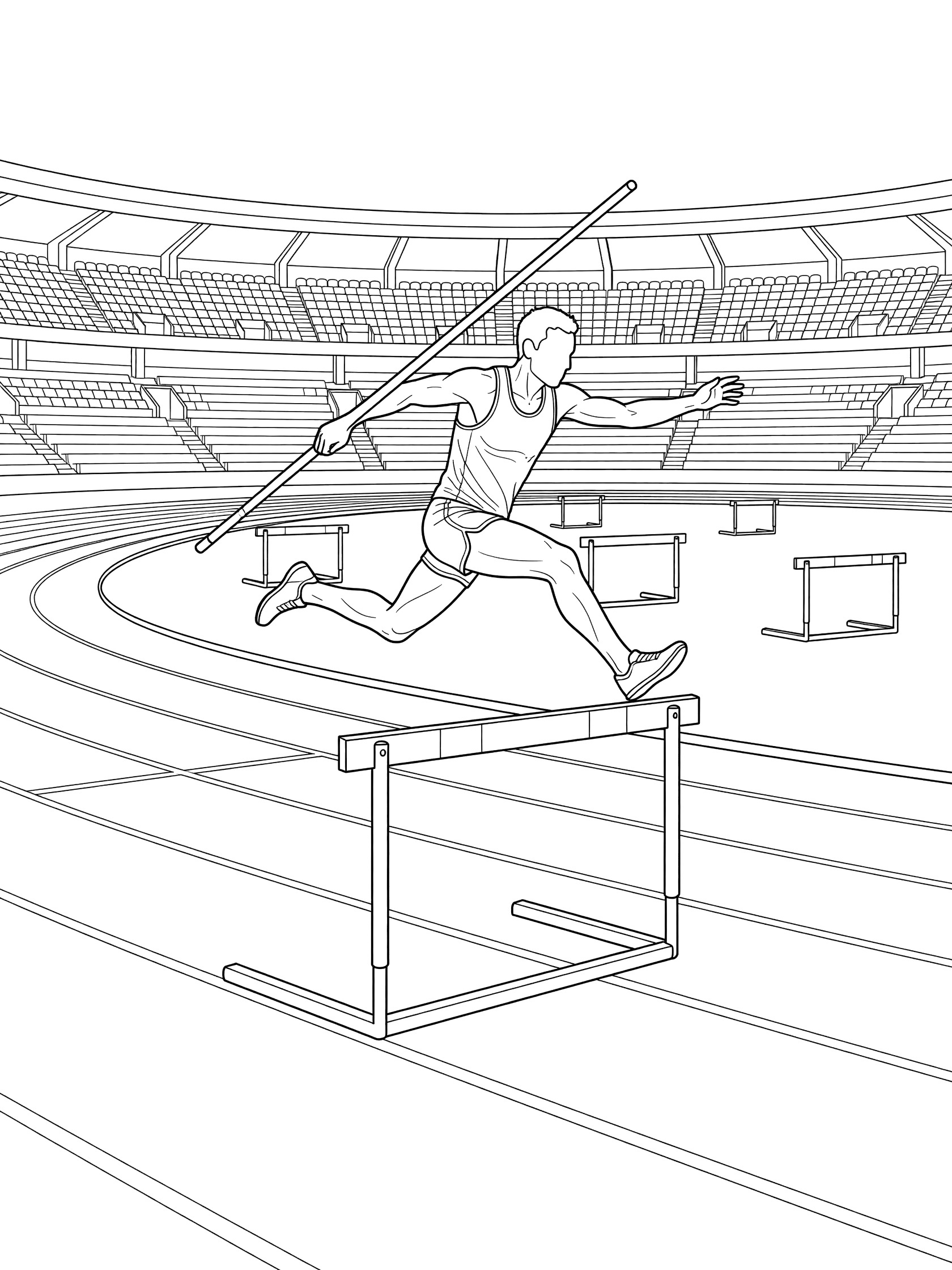 Black and white coloring page of a steeplechase runner powerfully clearing the final hurdle with a pole near the track finish line in a stadium with oval lanes and barriers.