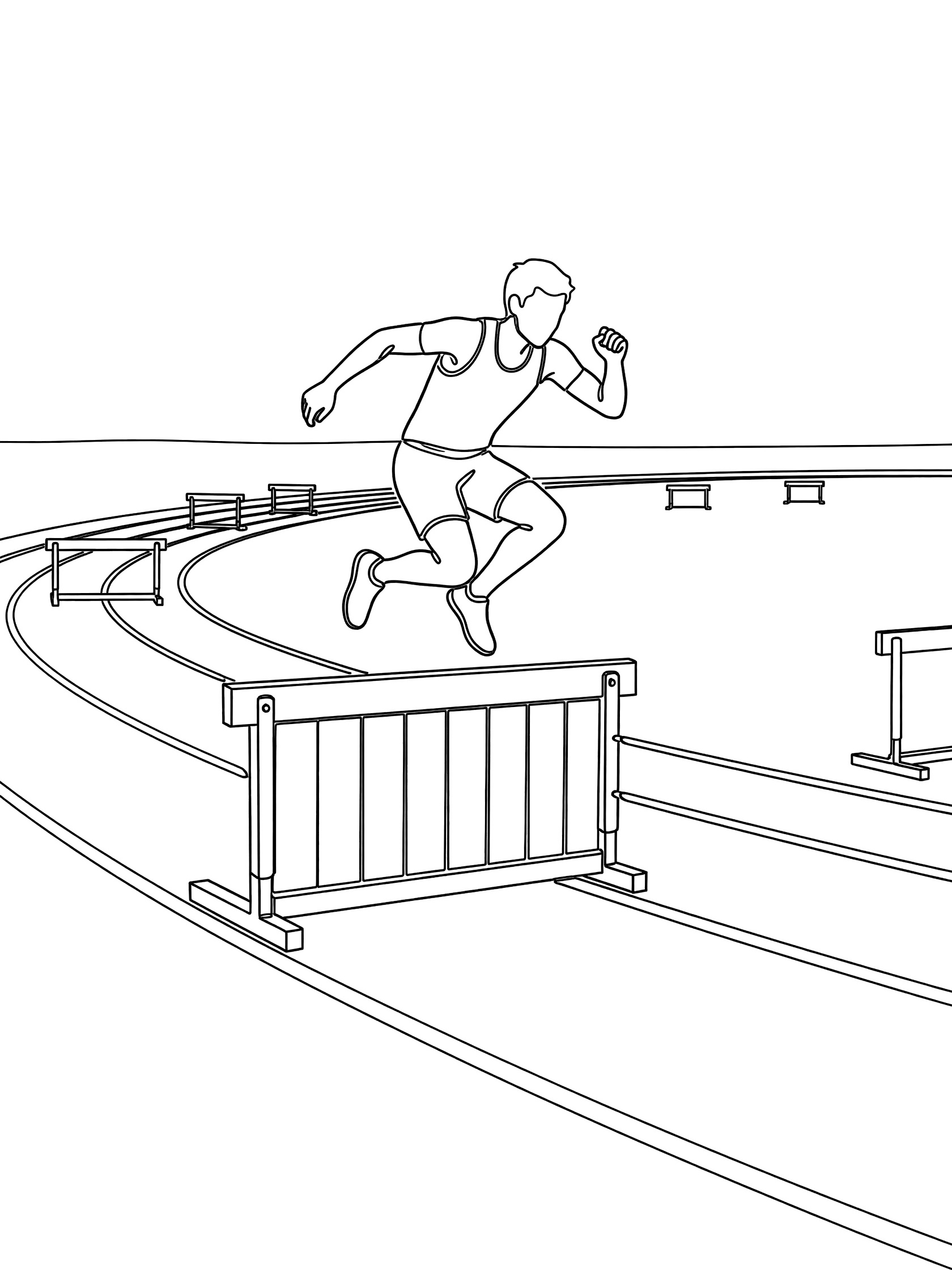 Black-and-white coloring page of a steeplechase athlete jumping high over a wooden hurdle on an outdoor track with lane markings and distant barriers.