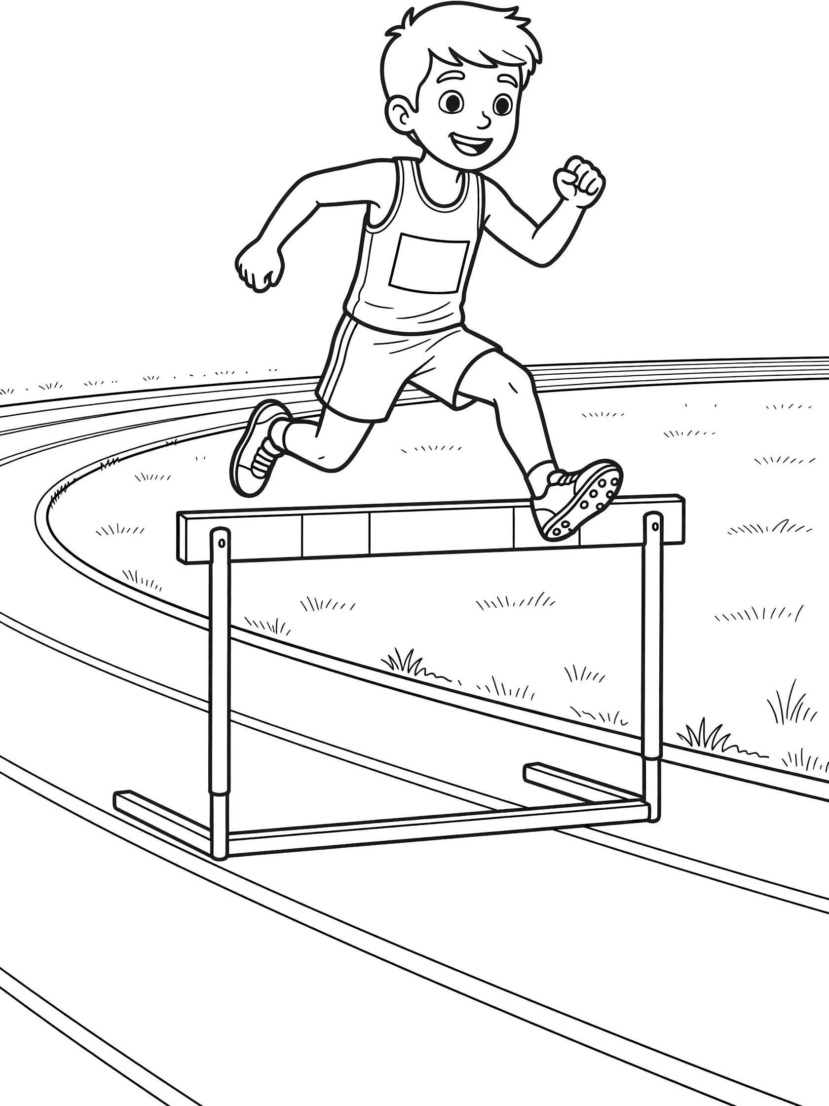 Black and white line art of steeplechase runner in mid-jump over tall hurdle on outdoor track, wearing tank top, shorts, spikes, and bib number.