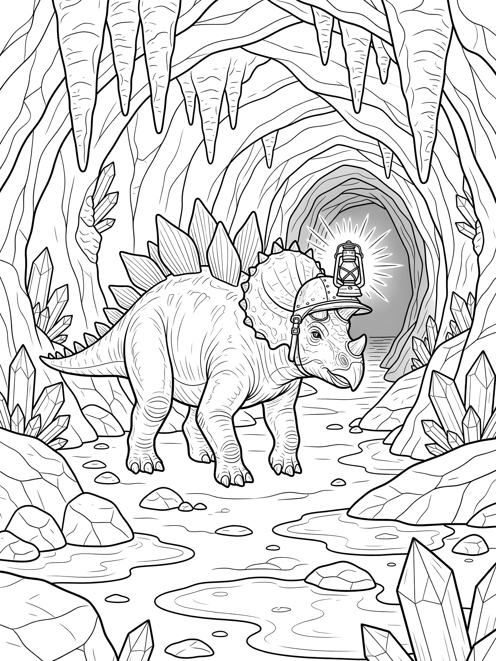 Black and white line art of a Stegoceratops dinosaur exploring a cave, wearing a helmet with glowing lantern, surrounded by crystals, stalactites, boulders, and puddles.