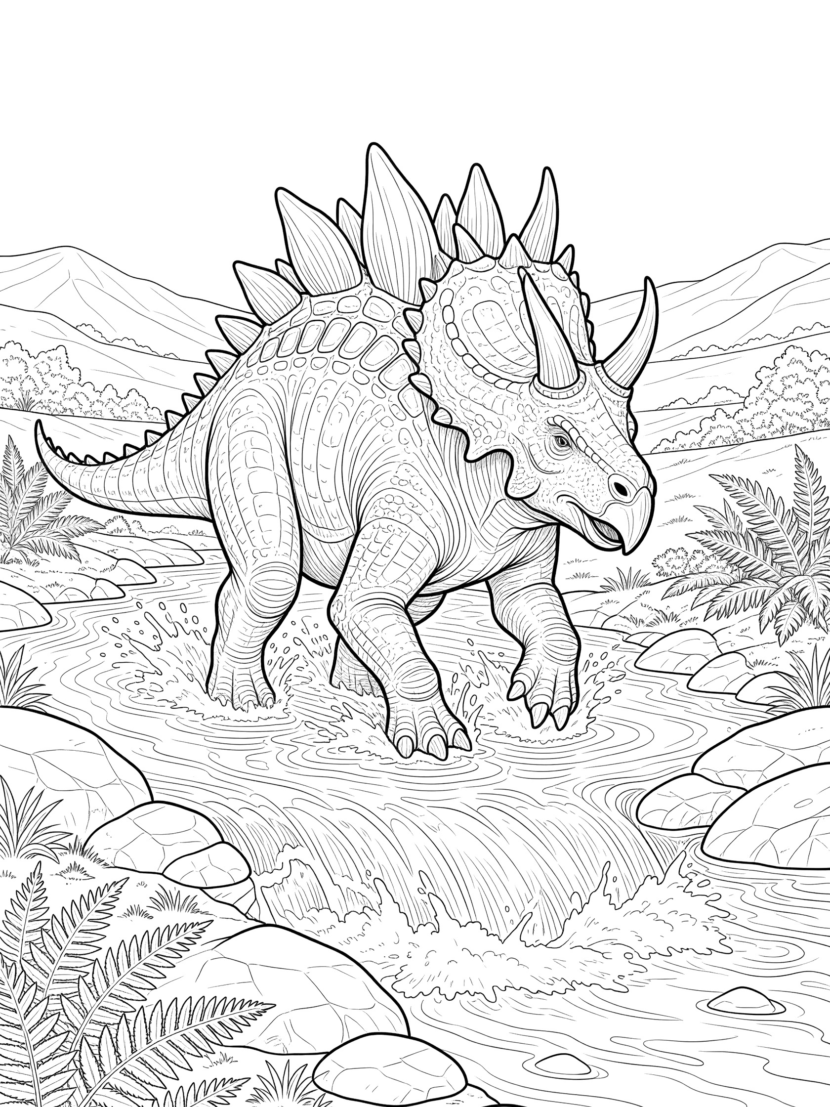 Black-and-white line art coloring page showing a Stegoceratops with tall back plates, horns, and frilled neck crossing a wide river on rocks amid splashing water, ferns, and boulders.
