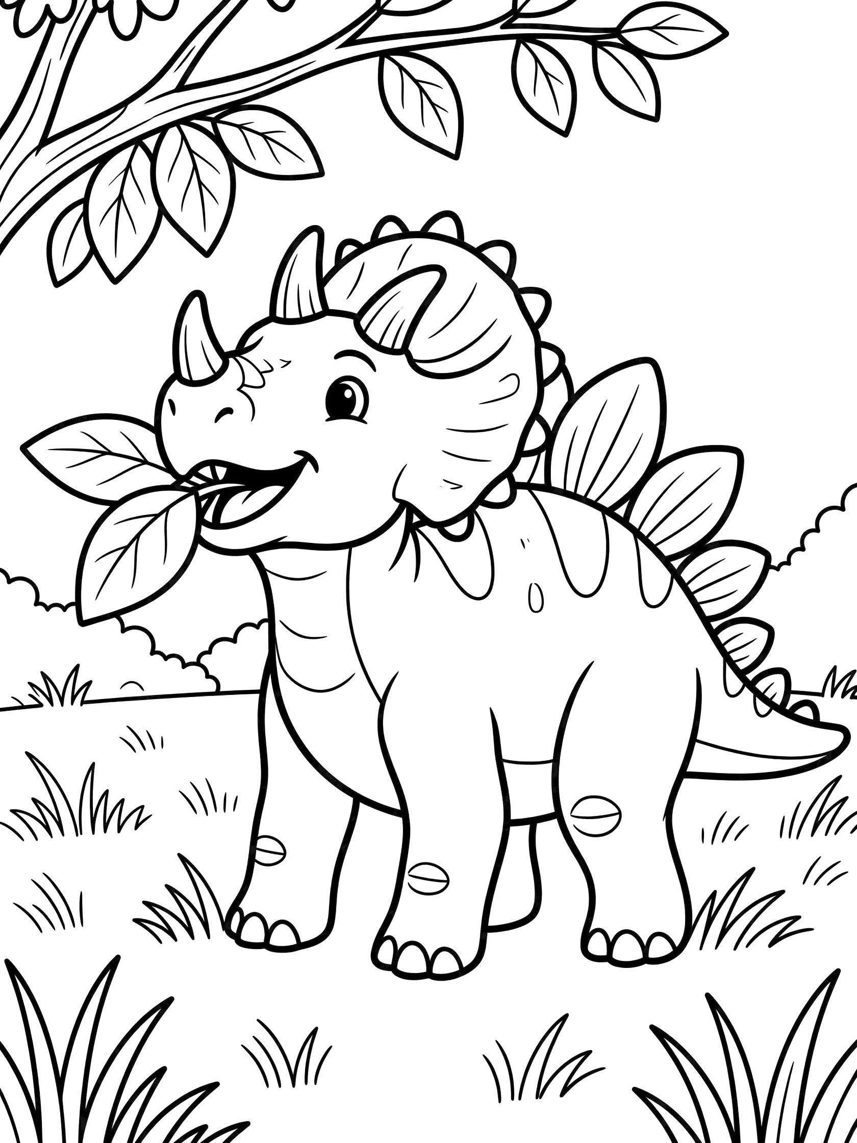 Black and white line art coloring page showing a Stegoceratops dinosaur with back plates and frilled horns eating large leaves from a tree branch, standing in grass meadow.