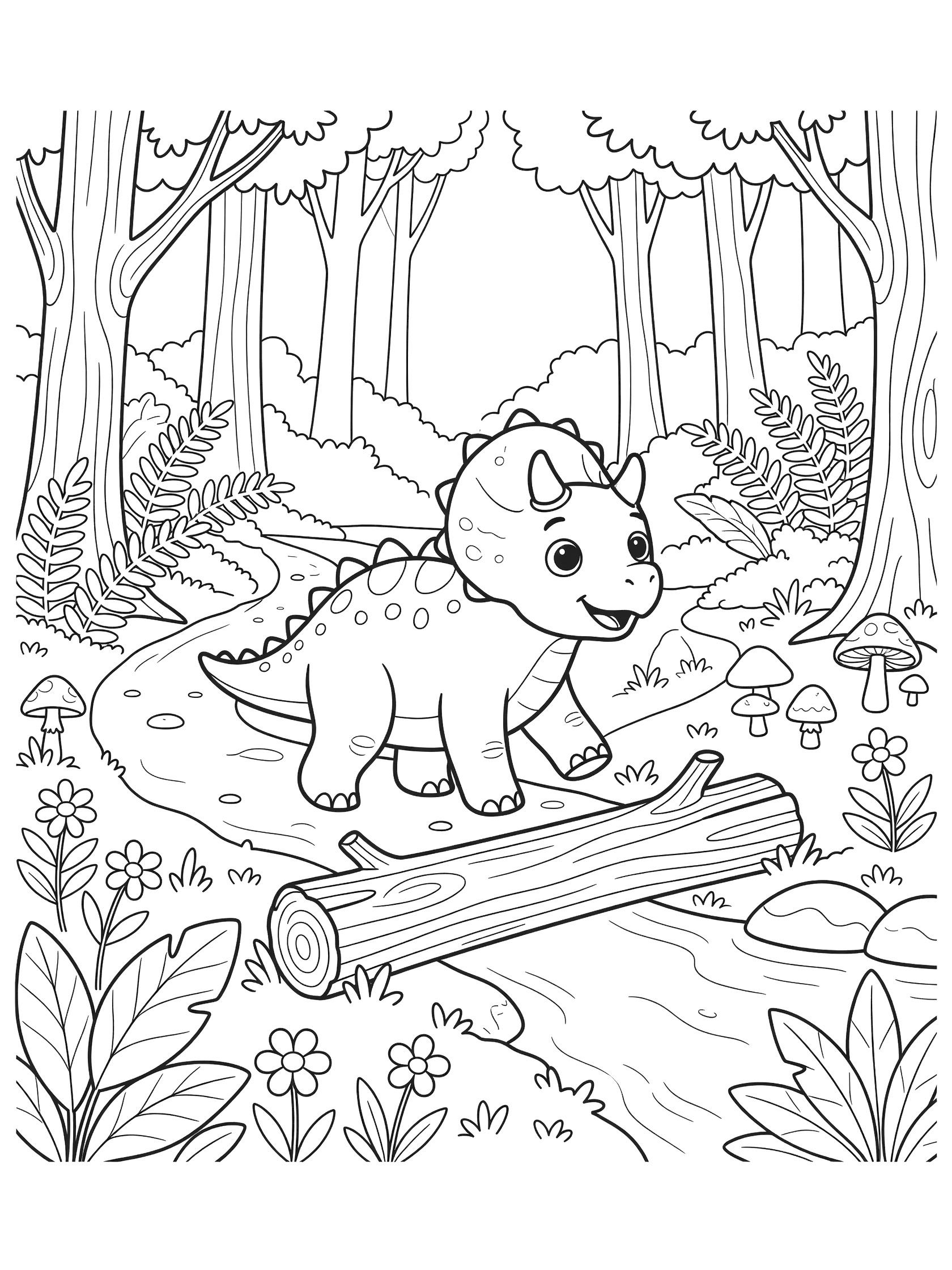 Cute cartoon Stegoceratops with big eyes, plates and horns walking happily along a forest path over a log bridge and stream, surrounded by trees, ferns, mushrooms, big leaves and flowers.