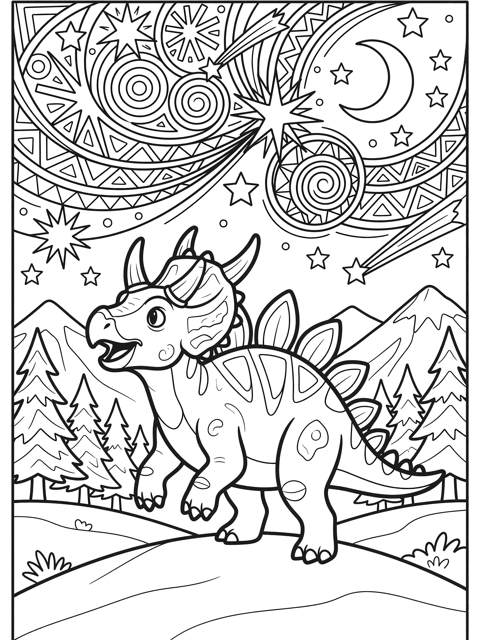 Line art coloring page showing Stegoceratops dinosaur gazing up at geometric starry night sky with crescent moon, stars, comets, pine trees, and mountains in a fantasy landscape.