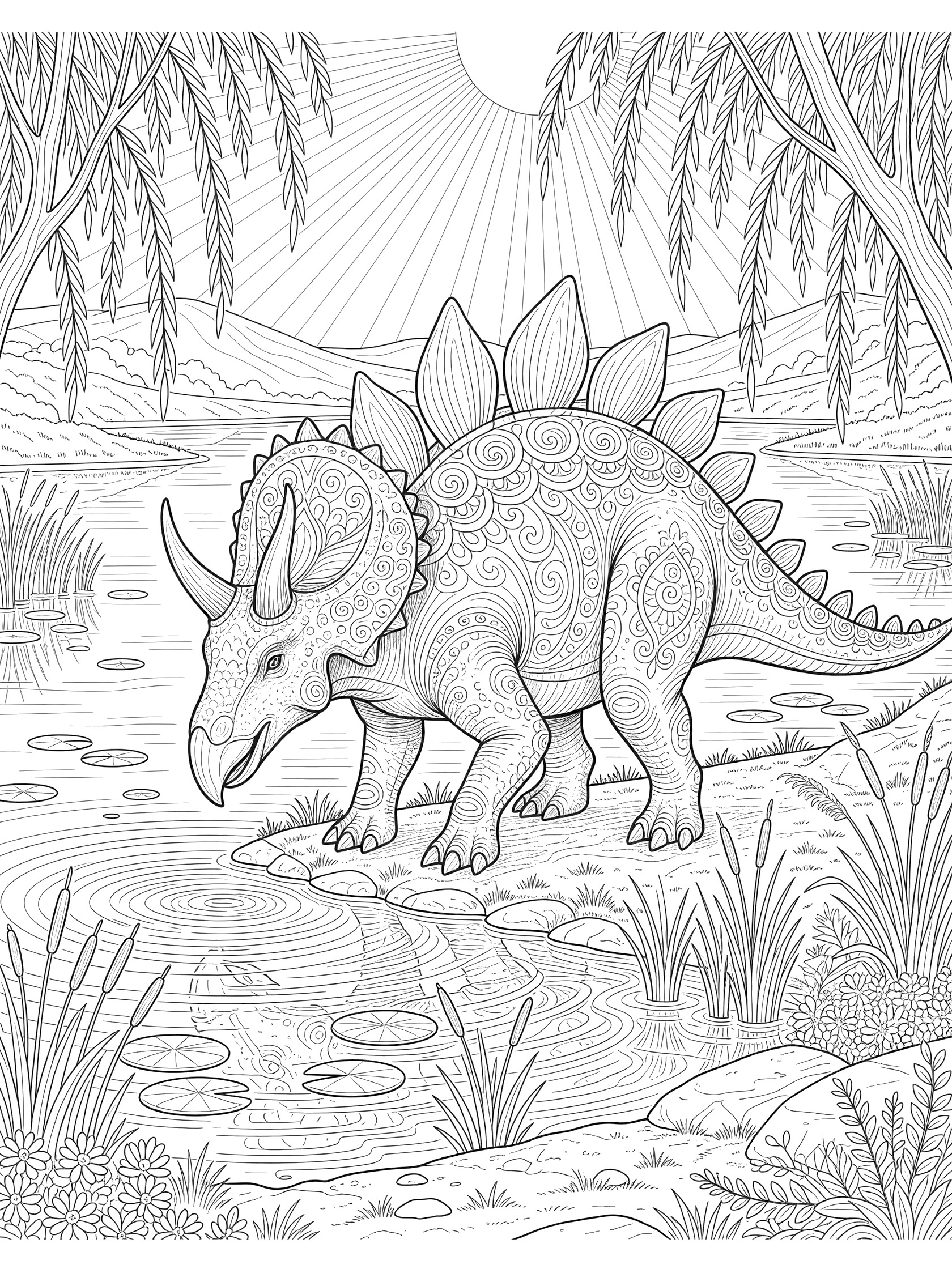 Black and white line art of a Stegoceratops dinosaur with plated back, curved horns, and frilled head bending to drink from a lake surrounded by reeds, lily pads, rocks, willow trees, distant hills, and sun rays.