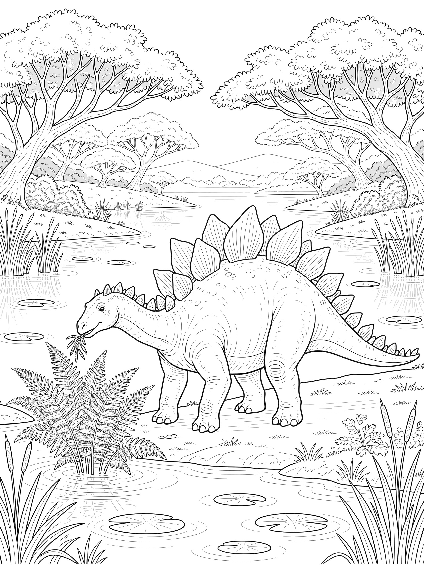 Black and white line art coloring page showing a Stegosaurus bending to eat tall ferns near a lake with ripples, lily pads, reeds, overhanging trees, and distant hills.