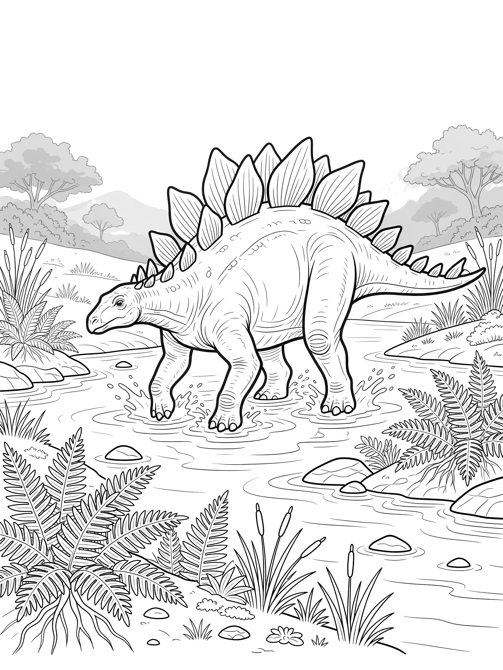 Black and white line art of a Stegosaurus dinosaur crossing a prehistoric river, with tall plates on its back, thagomizer tail spikes, splashing water, riverbank ferns and reeds, rocks, and distant hills.
