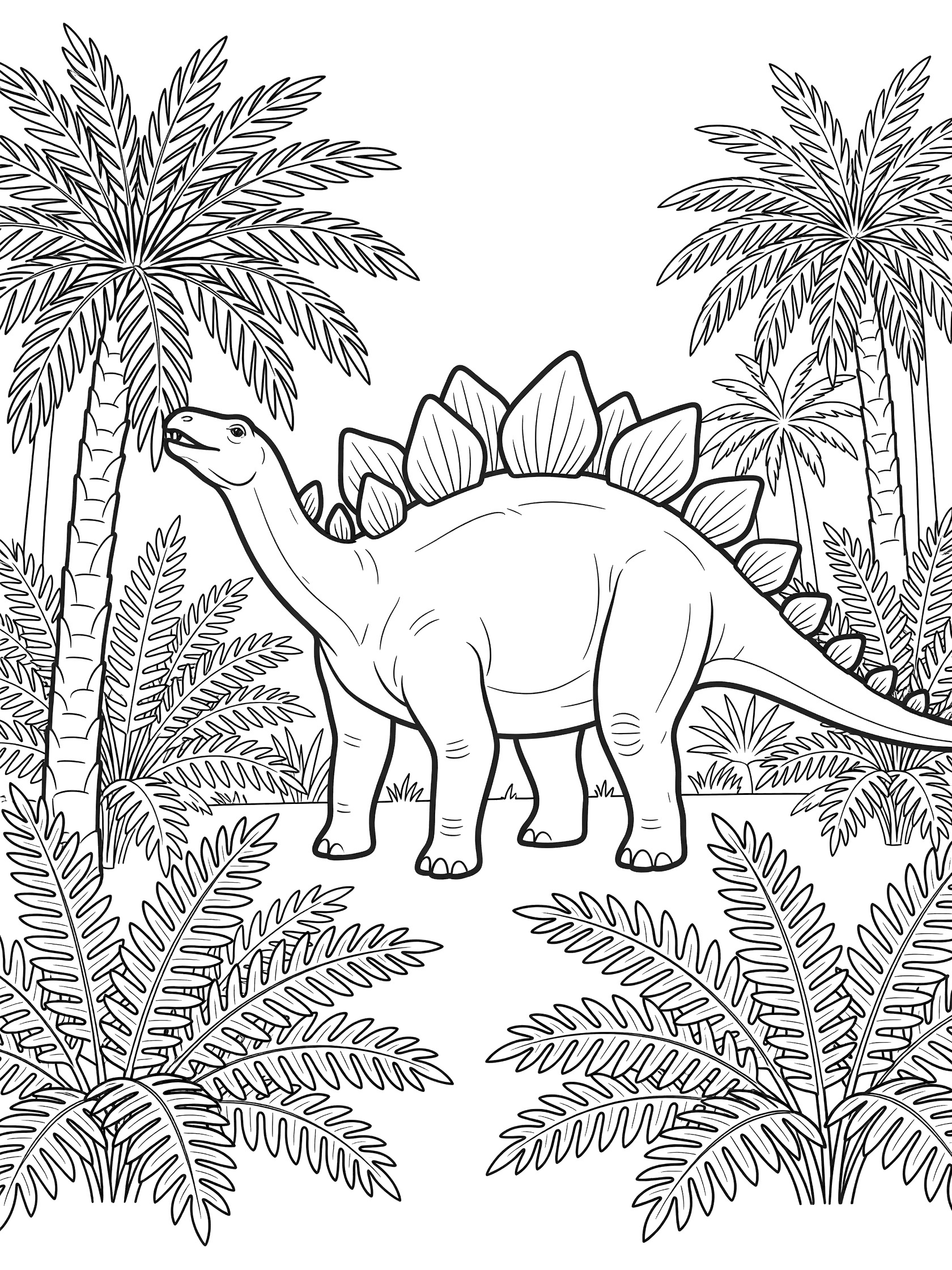 Black and white line art of a Stegosaurus dinosaur with back plates and spiked tail browsing among tall geometric ferns and palm-like plants in a forest clearing.