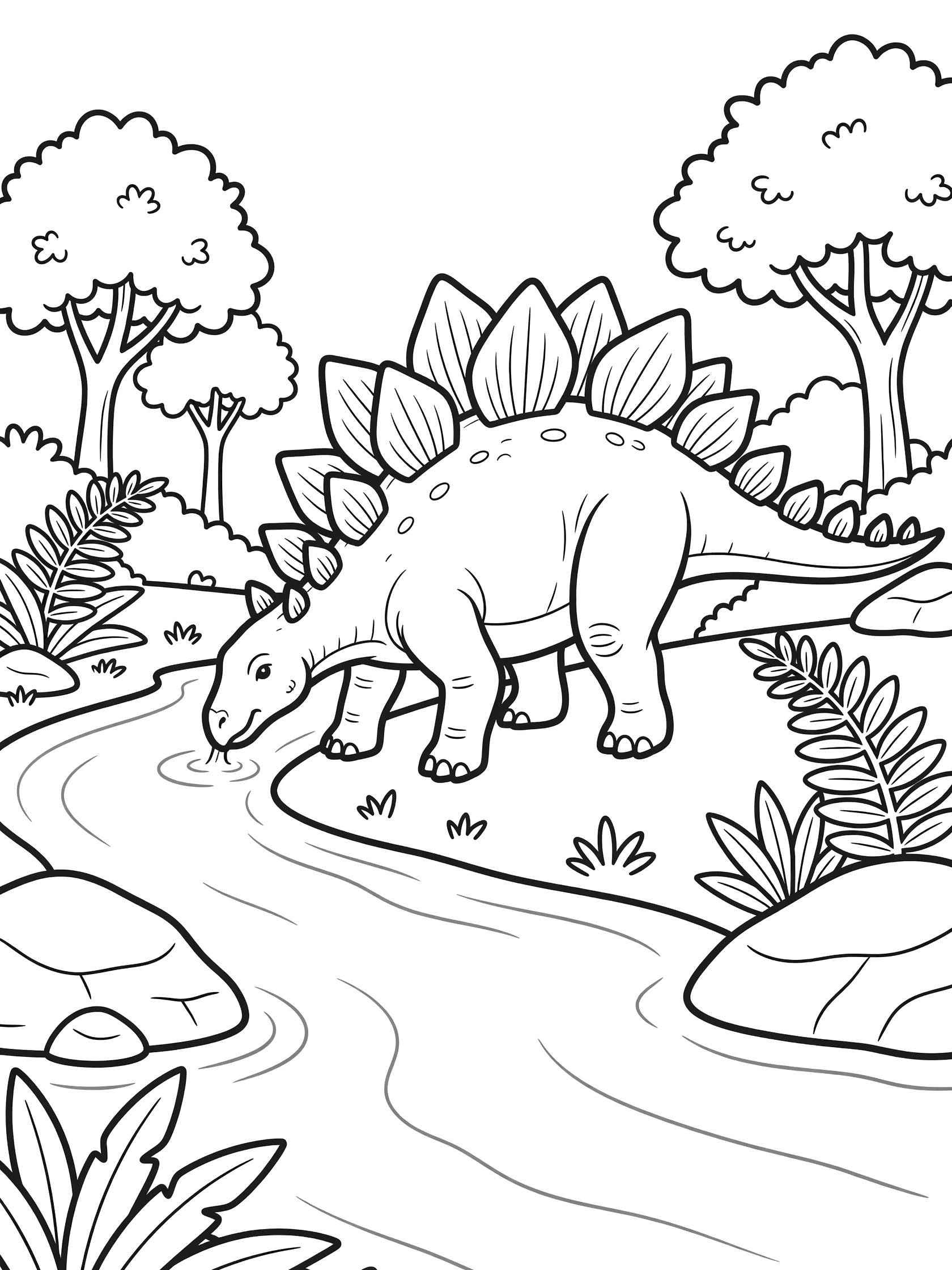 Black and white coloring page of a Stegosaurus with plates and spikes standing by a river, drinking water amid ferns and trees.