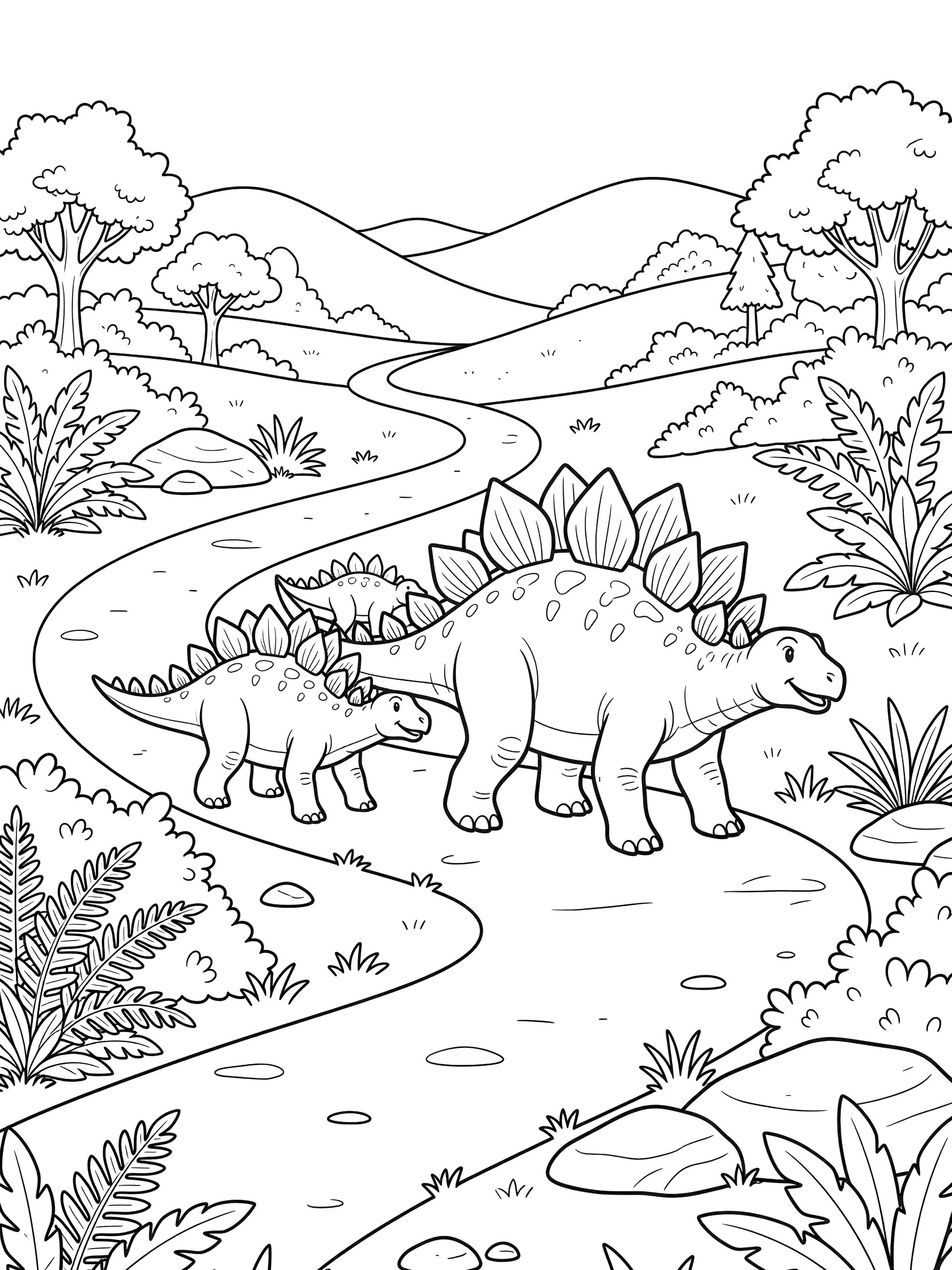 Black and white line art of a Stegosaurus family strolling on a winding path through a lush valley with ferns, bushes, rocks, hills, and trees.