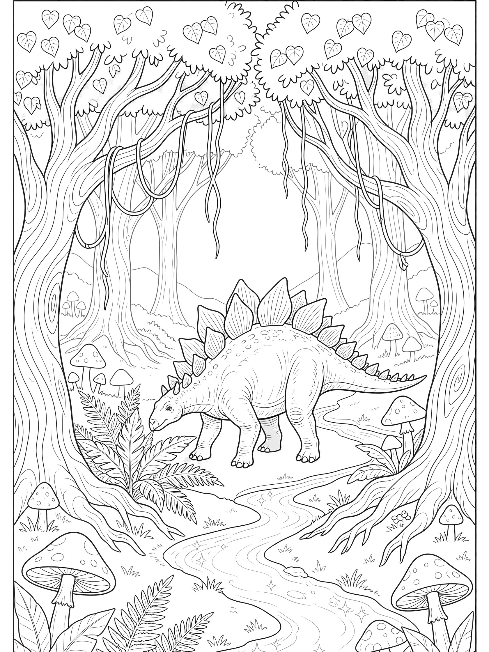 Black and white line art of a Stegosaurus with plates and spikes walking through an enchanted forest, eating ferns by a stream with trees, mushrooms, and vines.